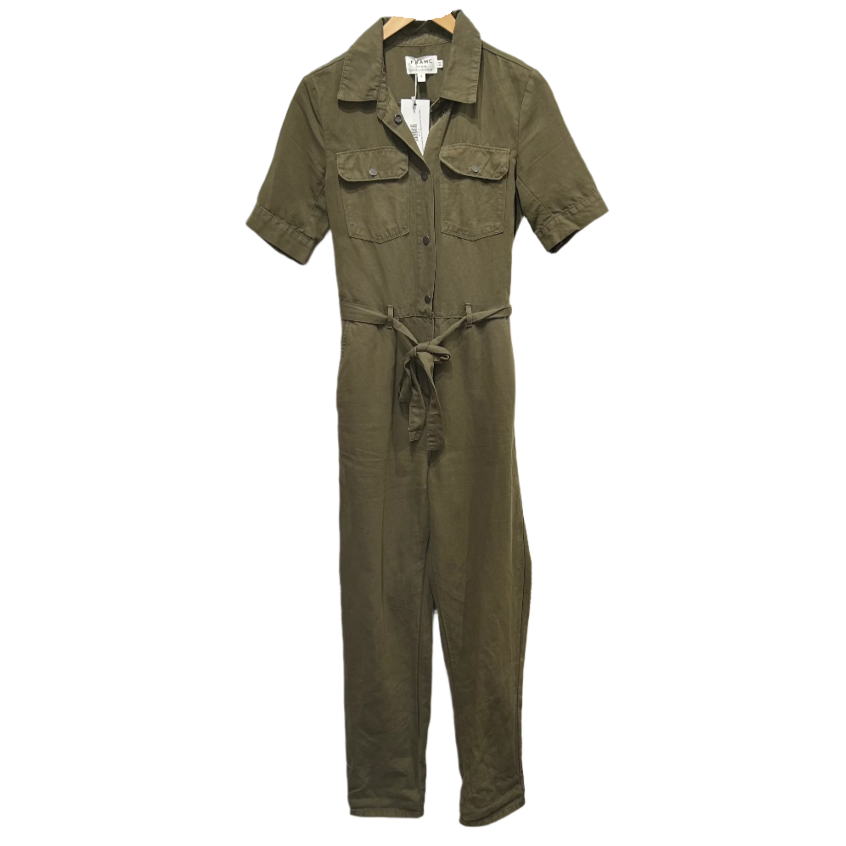 Frame New Army Green Linen Mix Belted Jumpsuit S