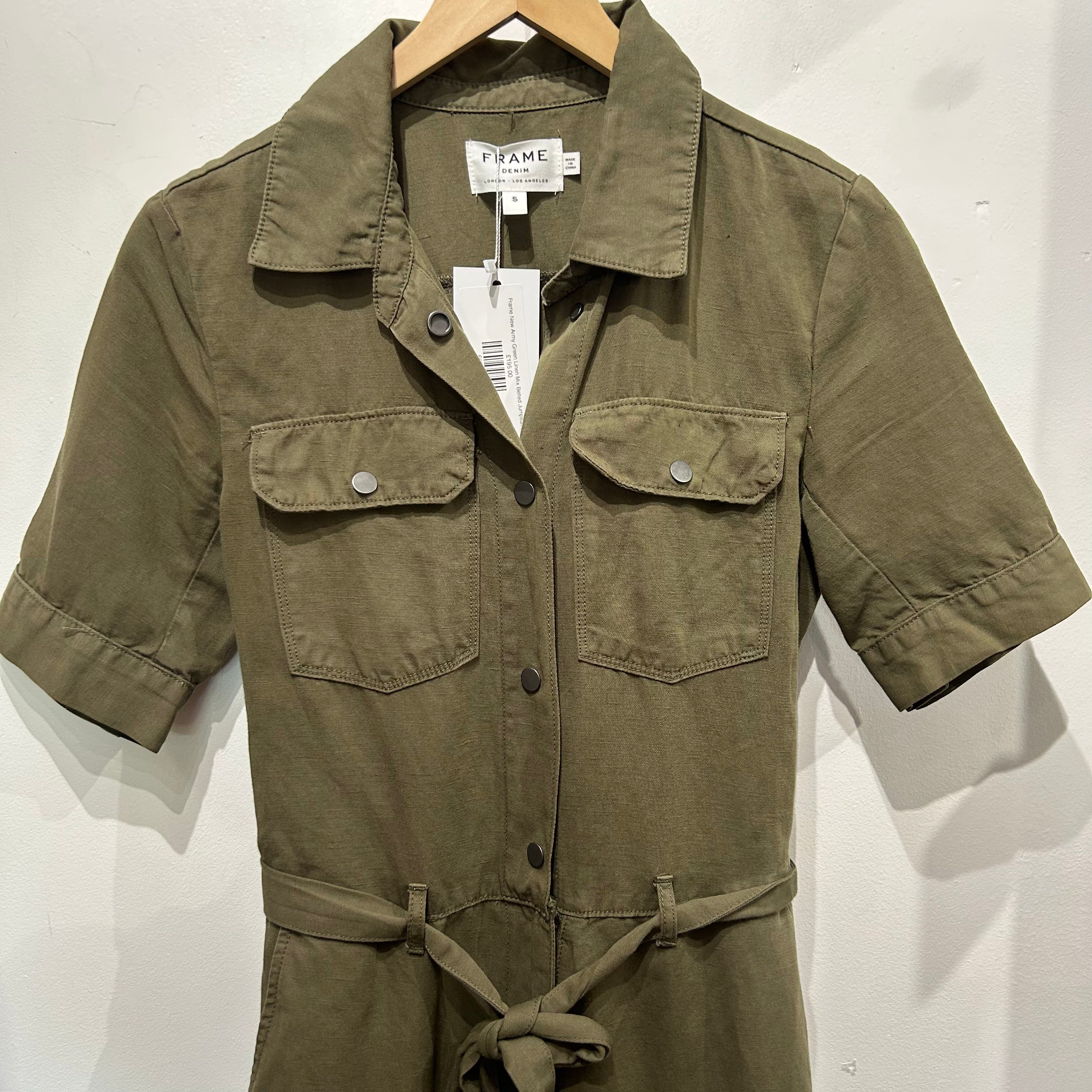 Frame New Army Green Linen Mix Belted Jumpsuit S