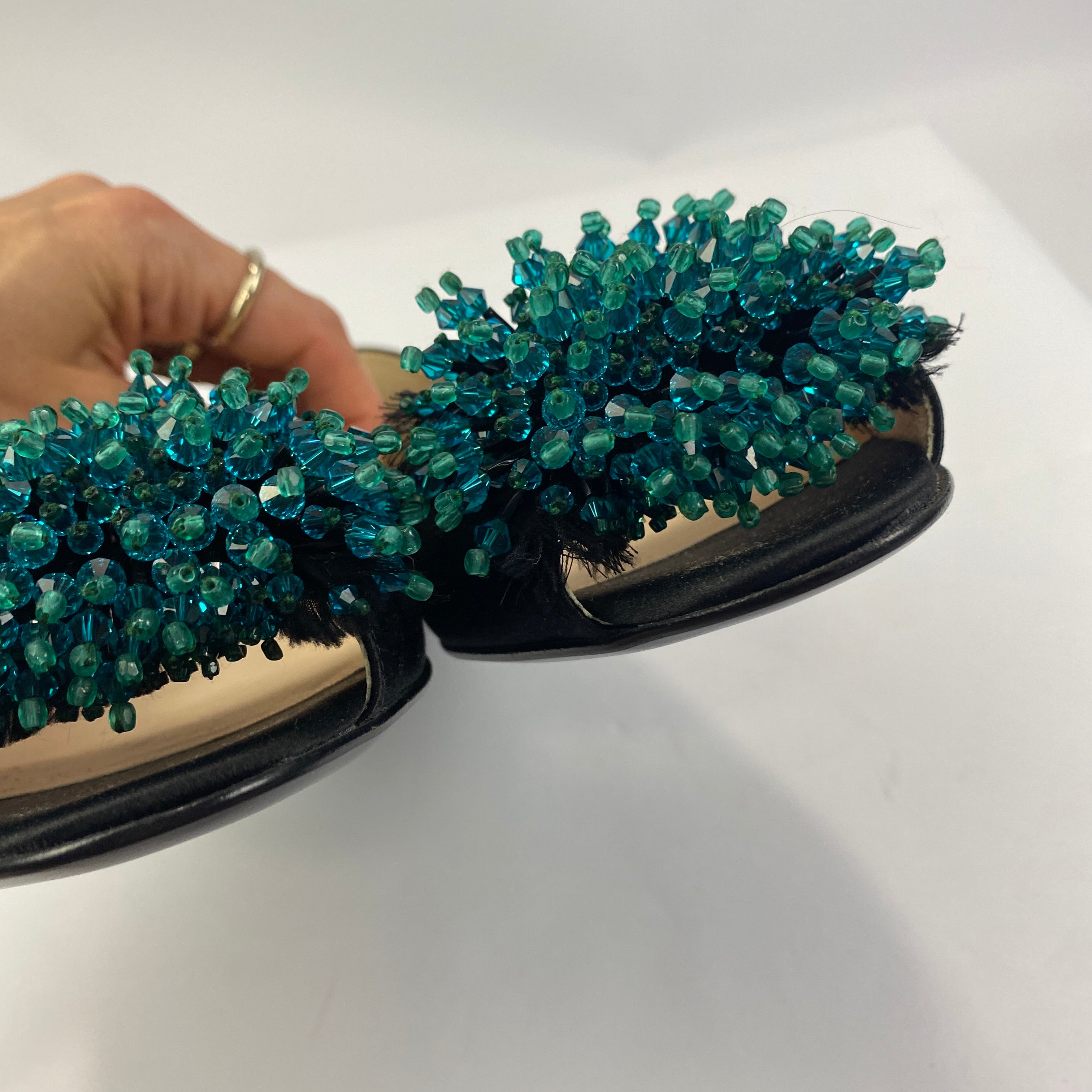 Prada New Black Silk & Aqua Bead Peeptoe Pumps 39.5