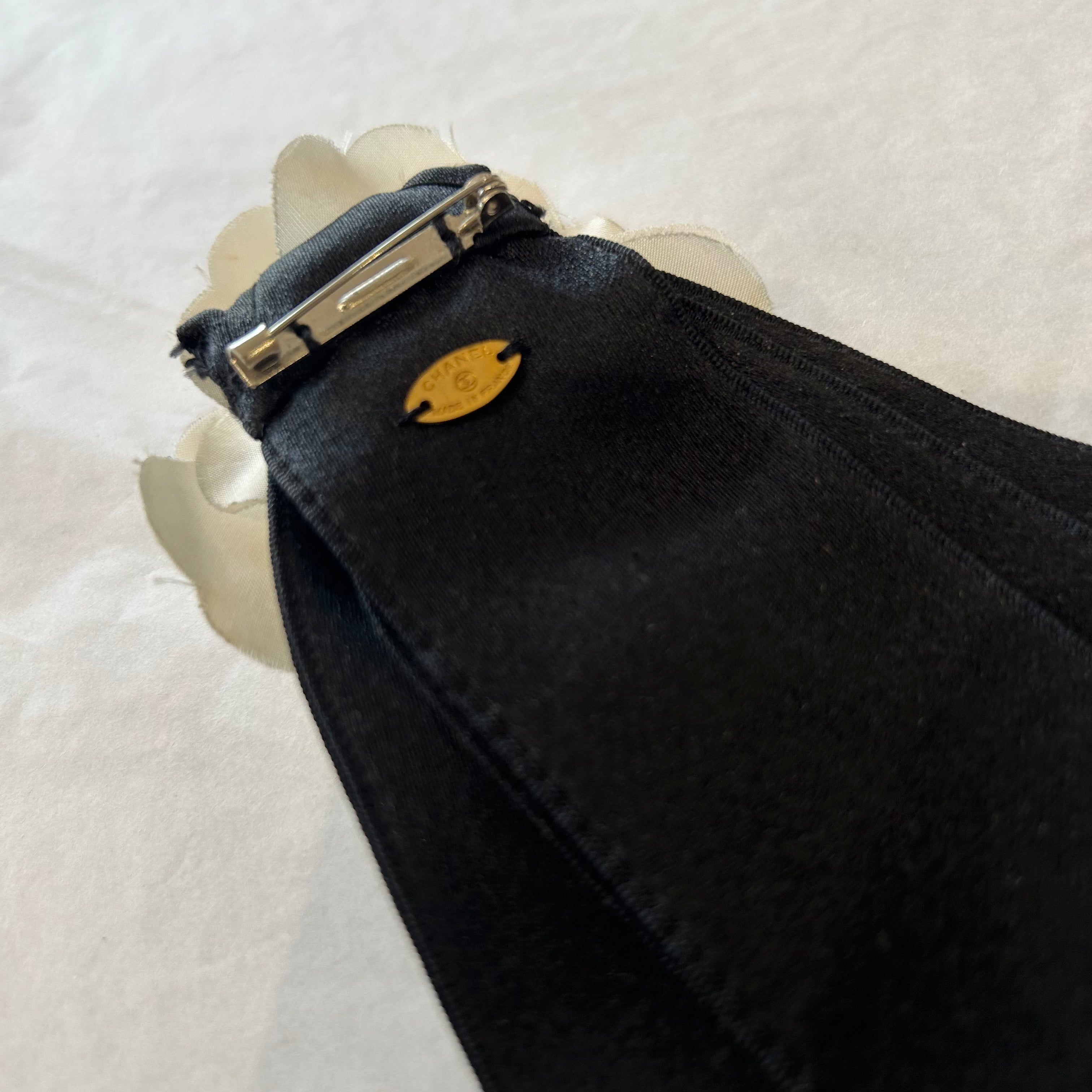 Chanel Black Silk & Cream Camellia Rare Brooch