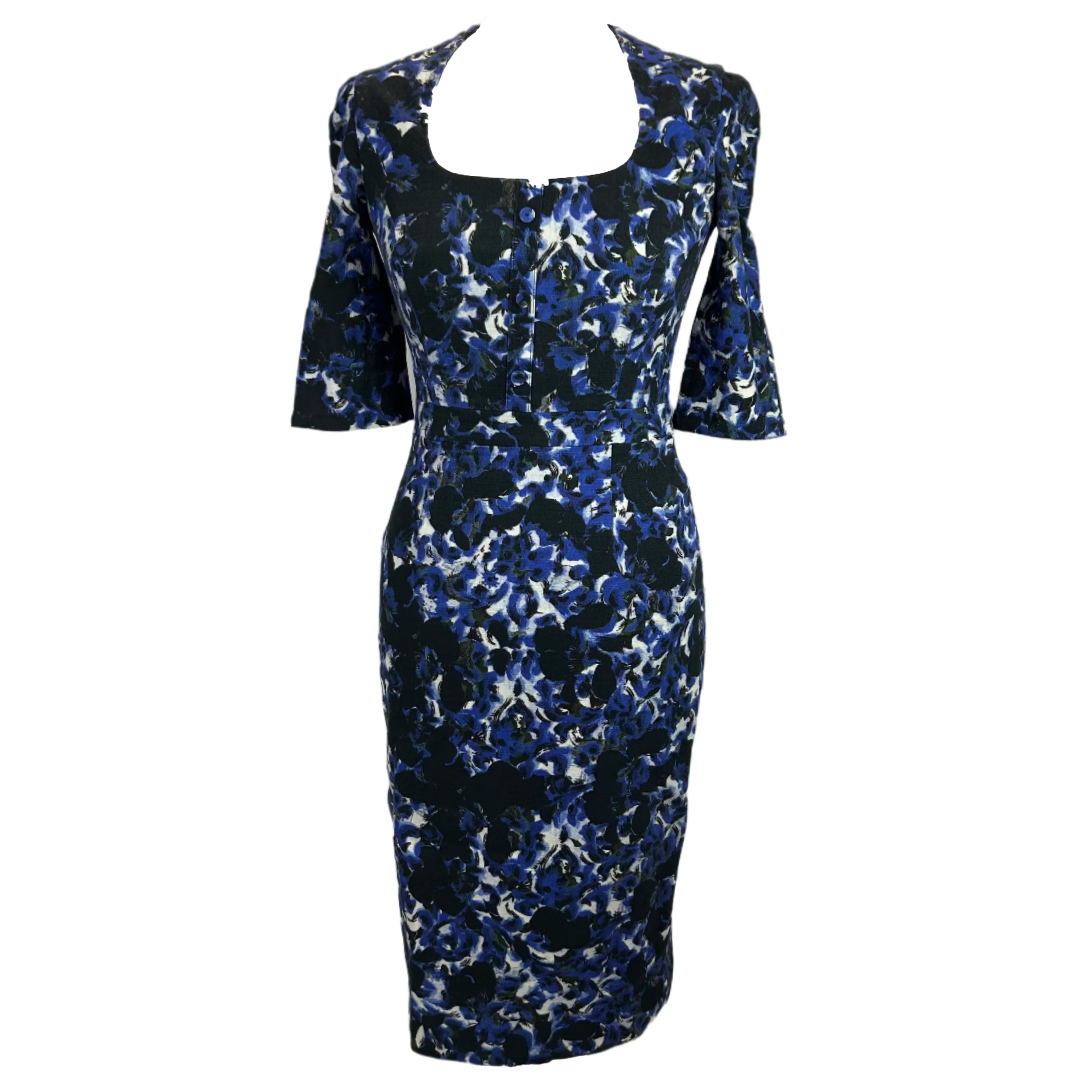 Erdem Blue & Black Floral Cotton Weave Midi Dress S
