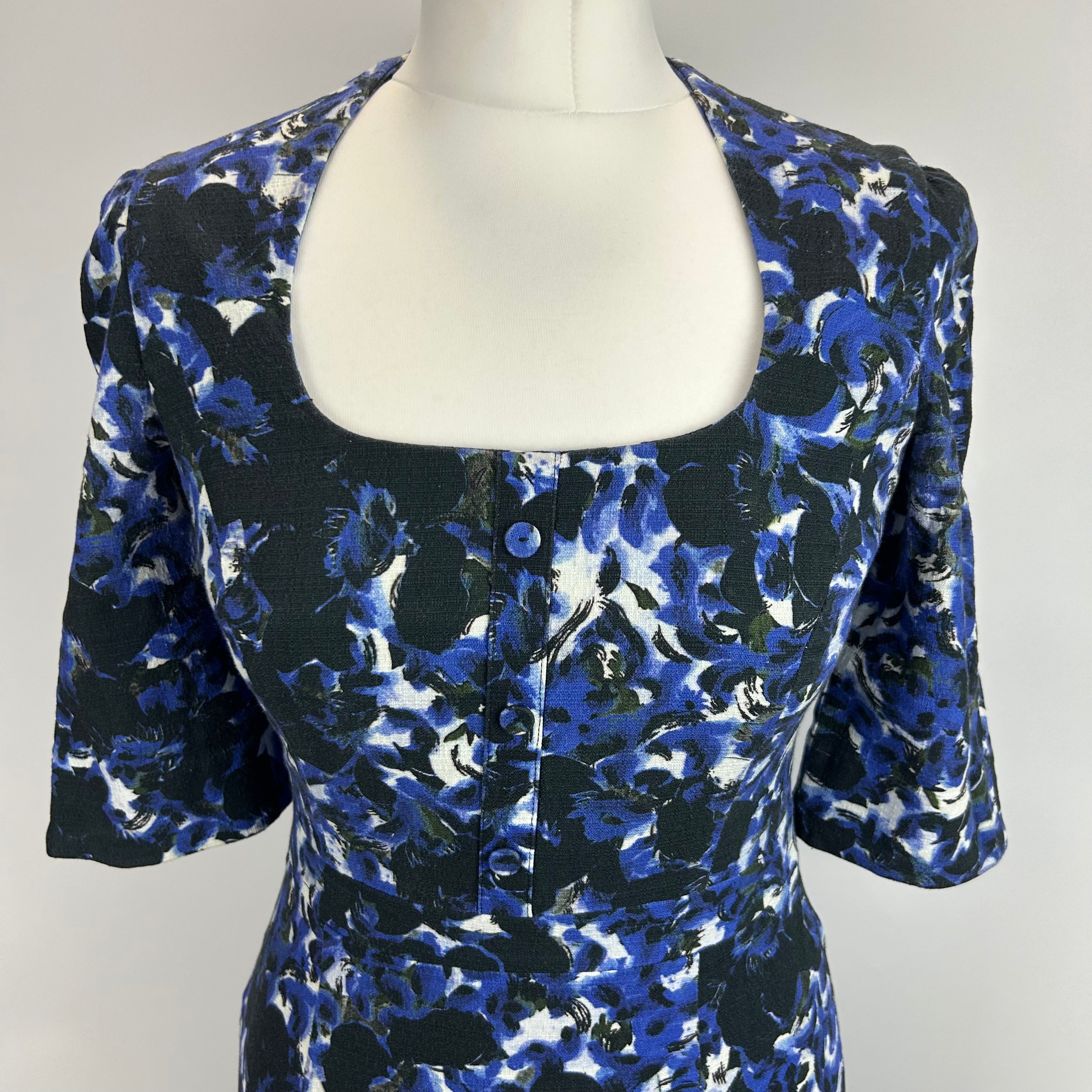 Erdem Blue & Black Floral Cotton Weave Midi Dress S