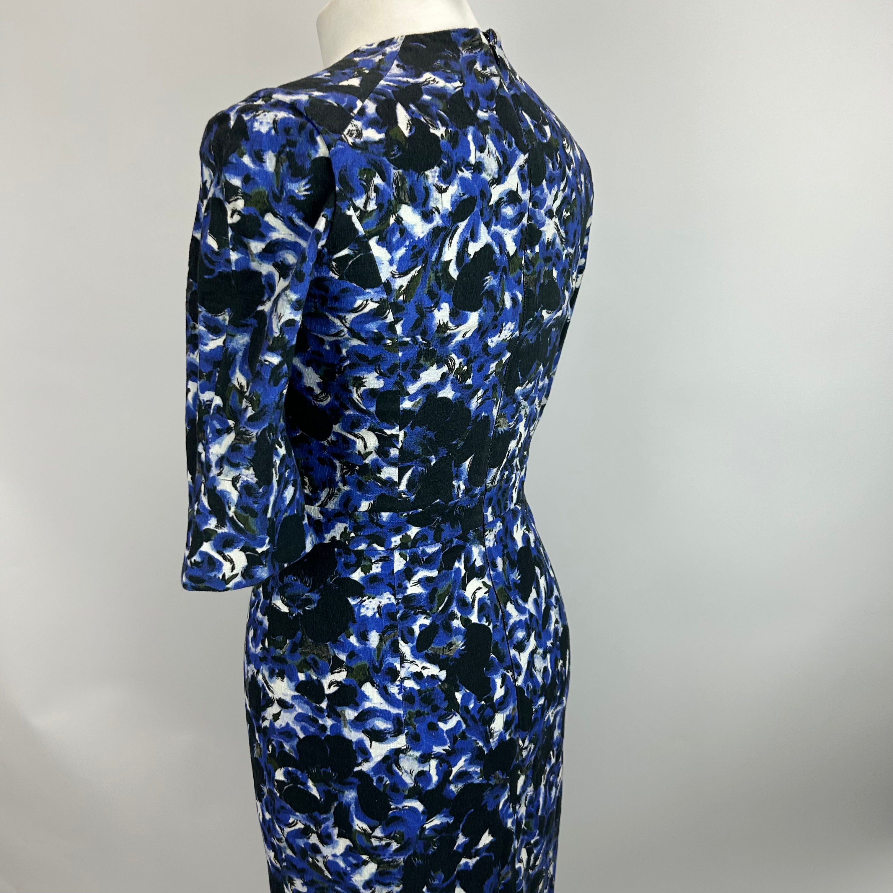 Erdem Blue & Black Floral Cotton Weave Midi Dress S