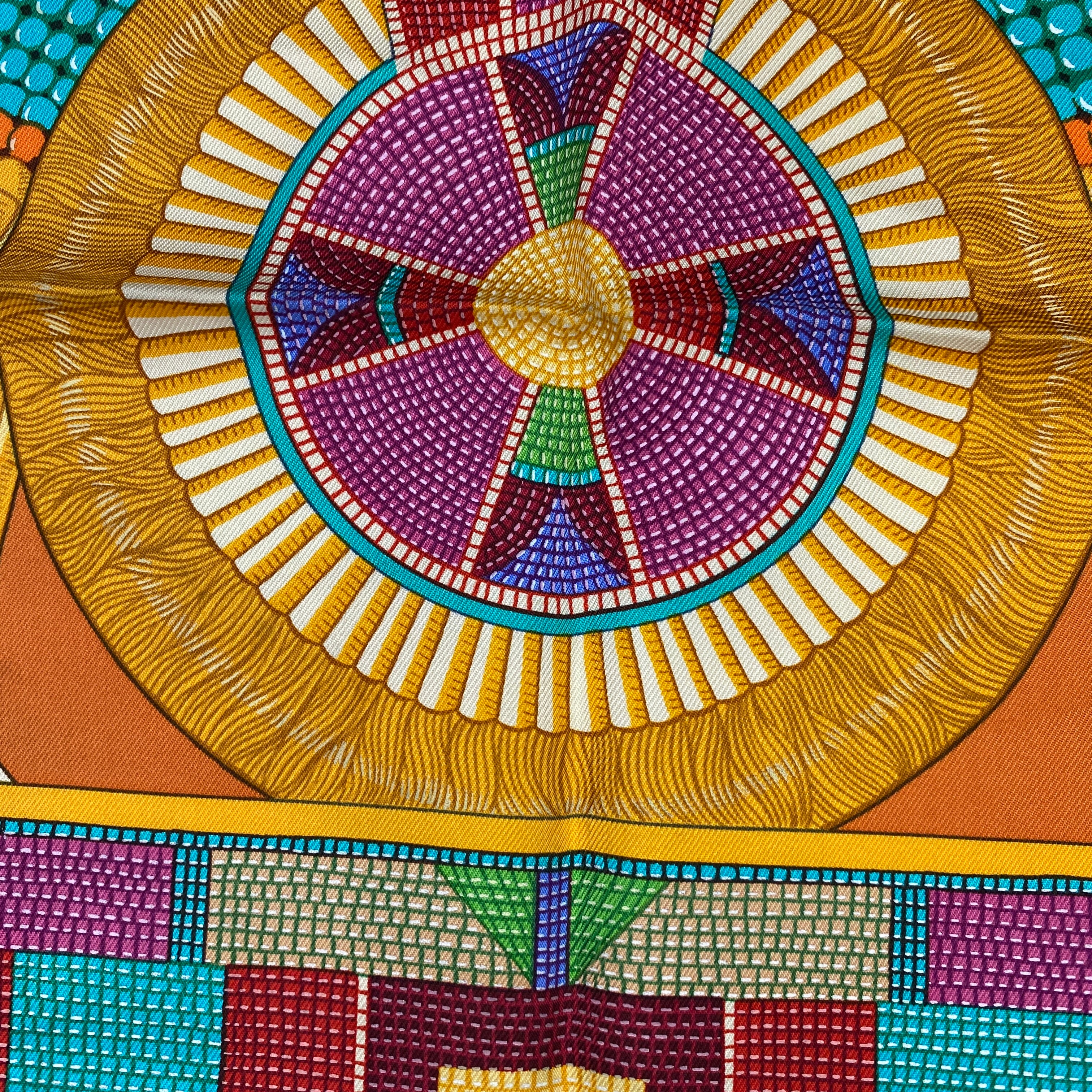Hermes Orange L'Art Indien Des Plaines Silk Twill 90 Scarf
