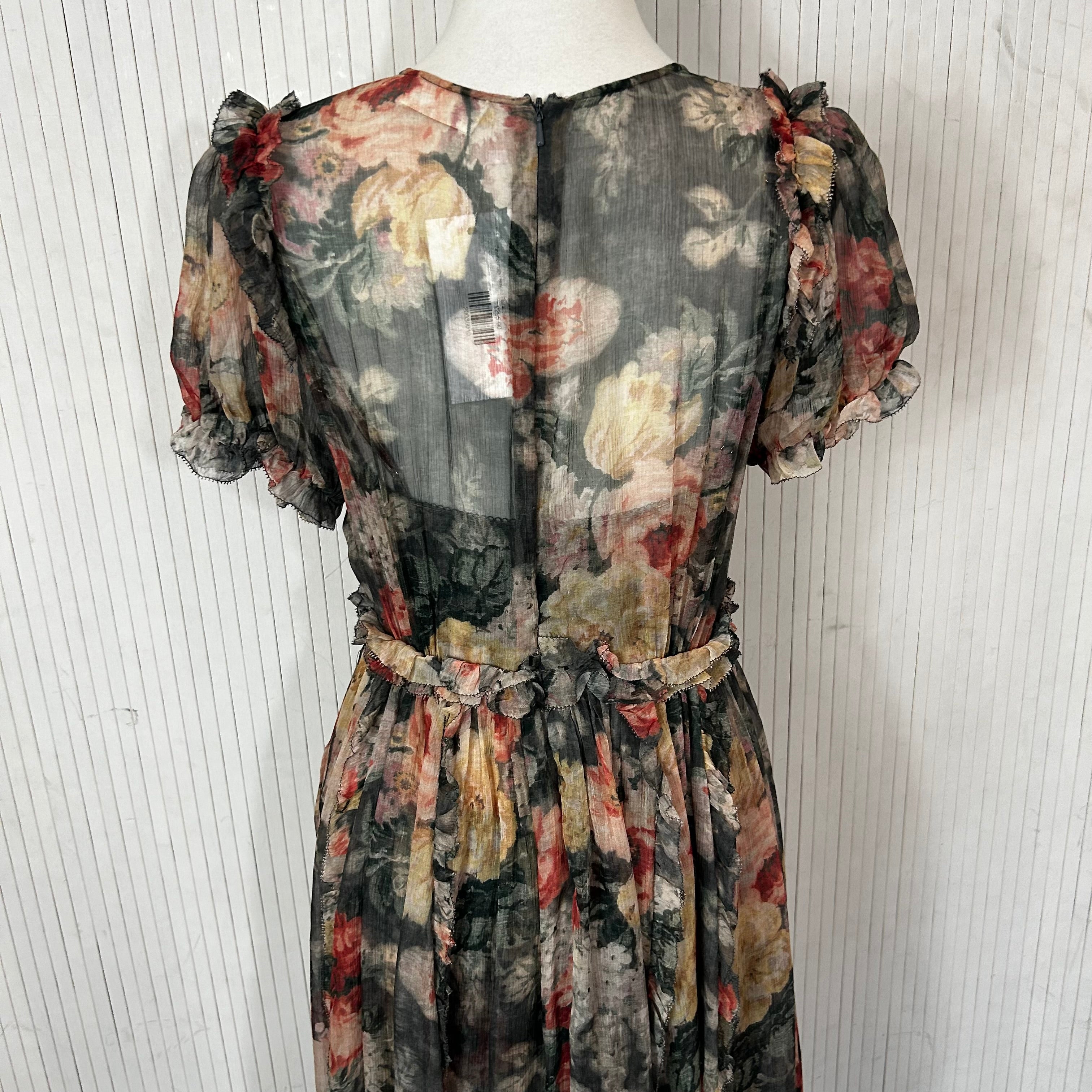 Zimmermann Smoke Floral Silk Chiffon Ruffle Midi Dress M