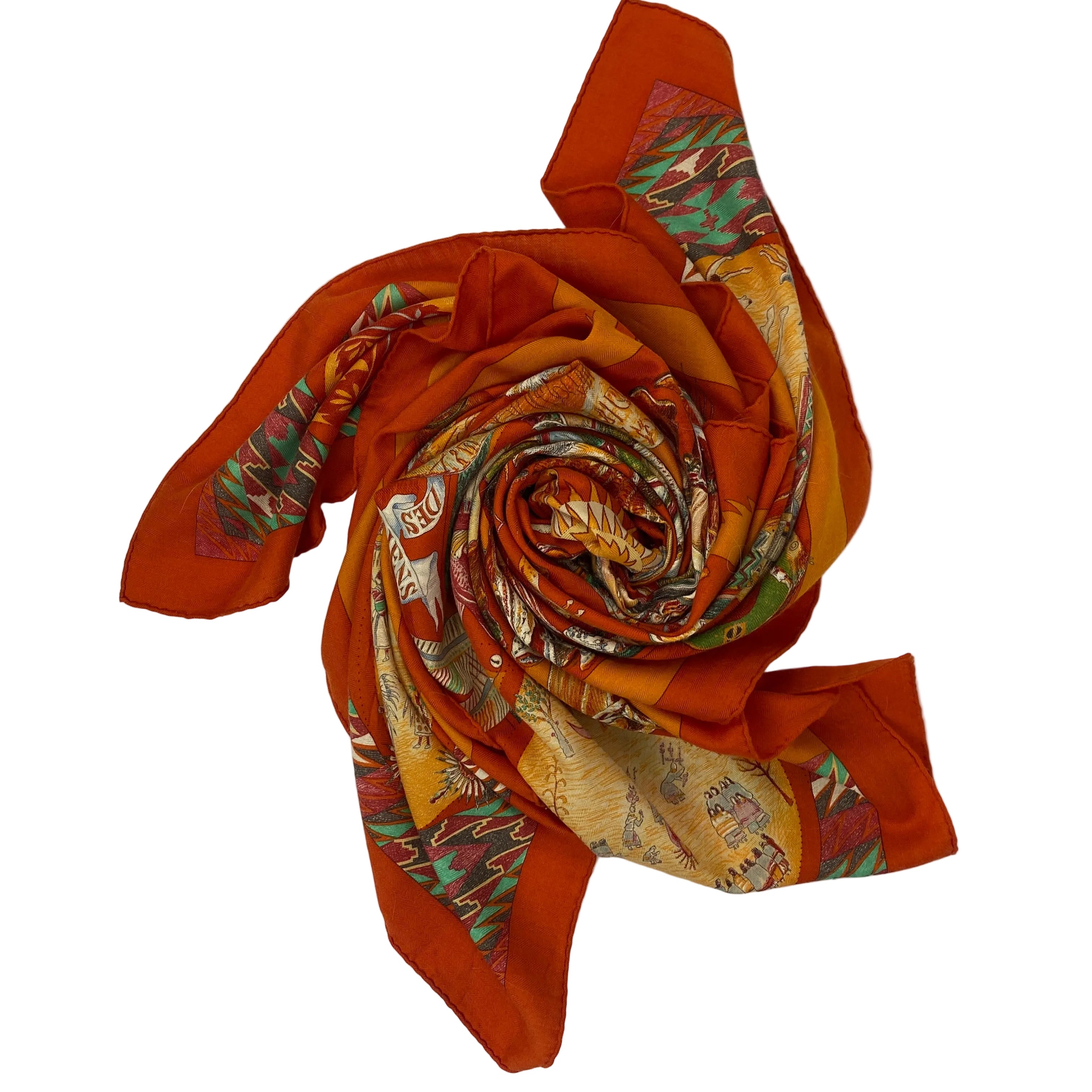 Hermes Orange Les Danses Des Indiens Large 140 Cashmere & Silk Carre Scarf
