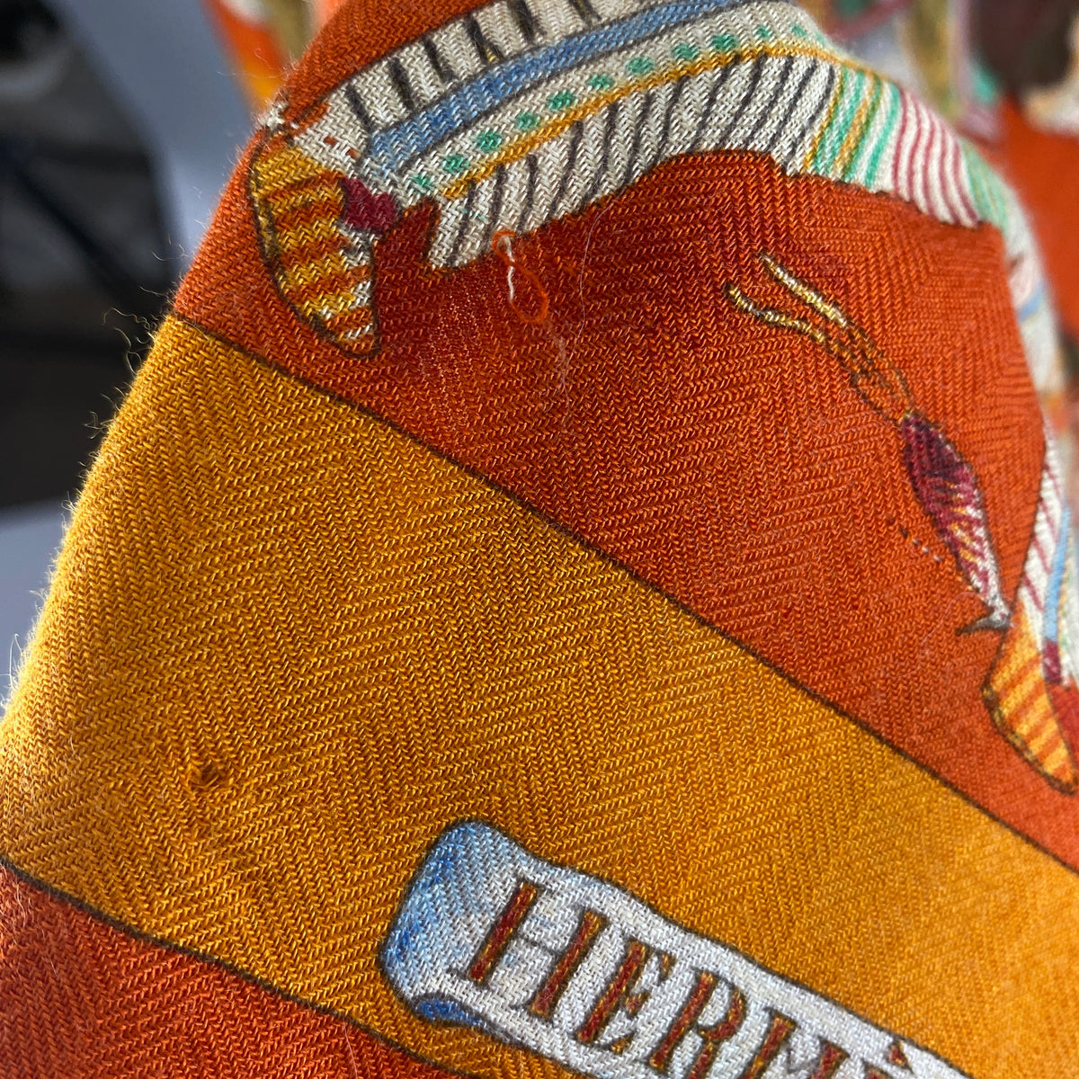 Hermes Orange Les Danses Des Indiens Large 140 Cashmere & Silk Carre Scarf