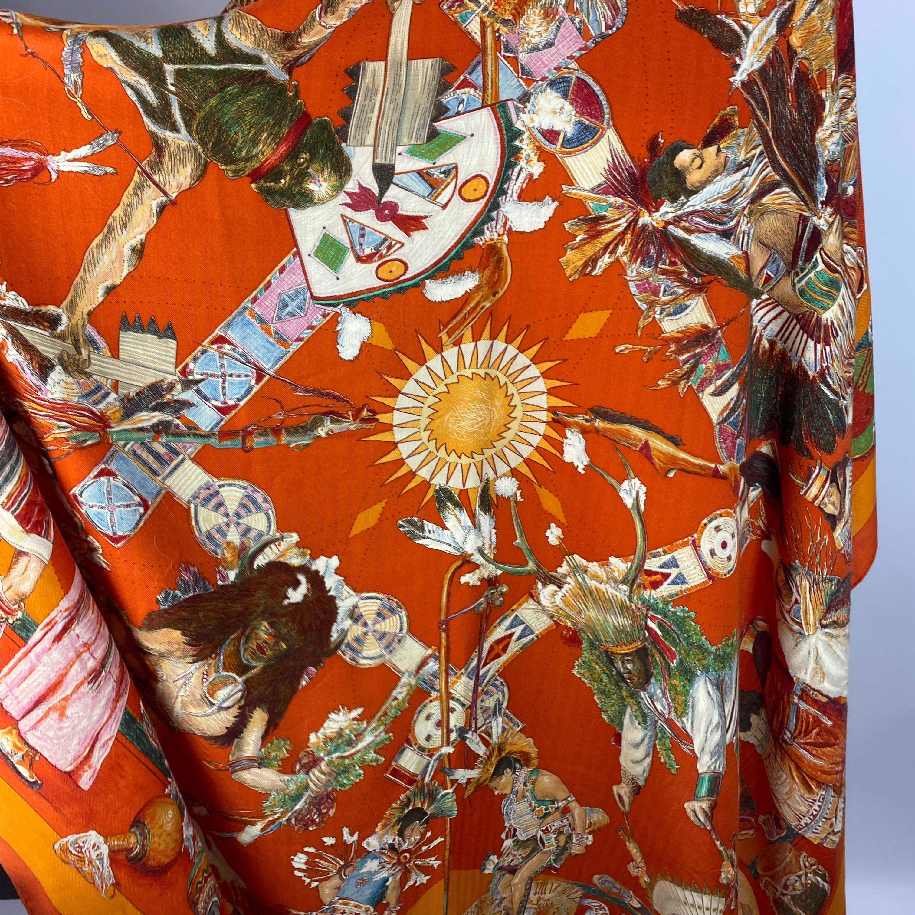 Hermes Orange Les Danses Des Indiens Large 140 Cashmere & Silk Carre Scarf