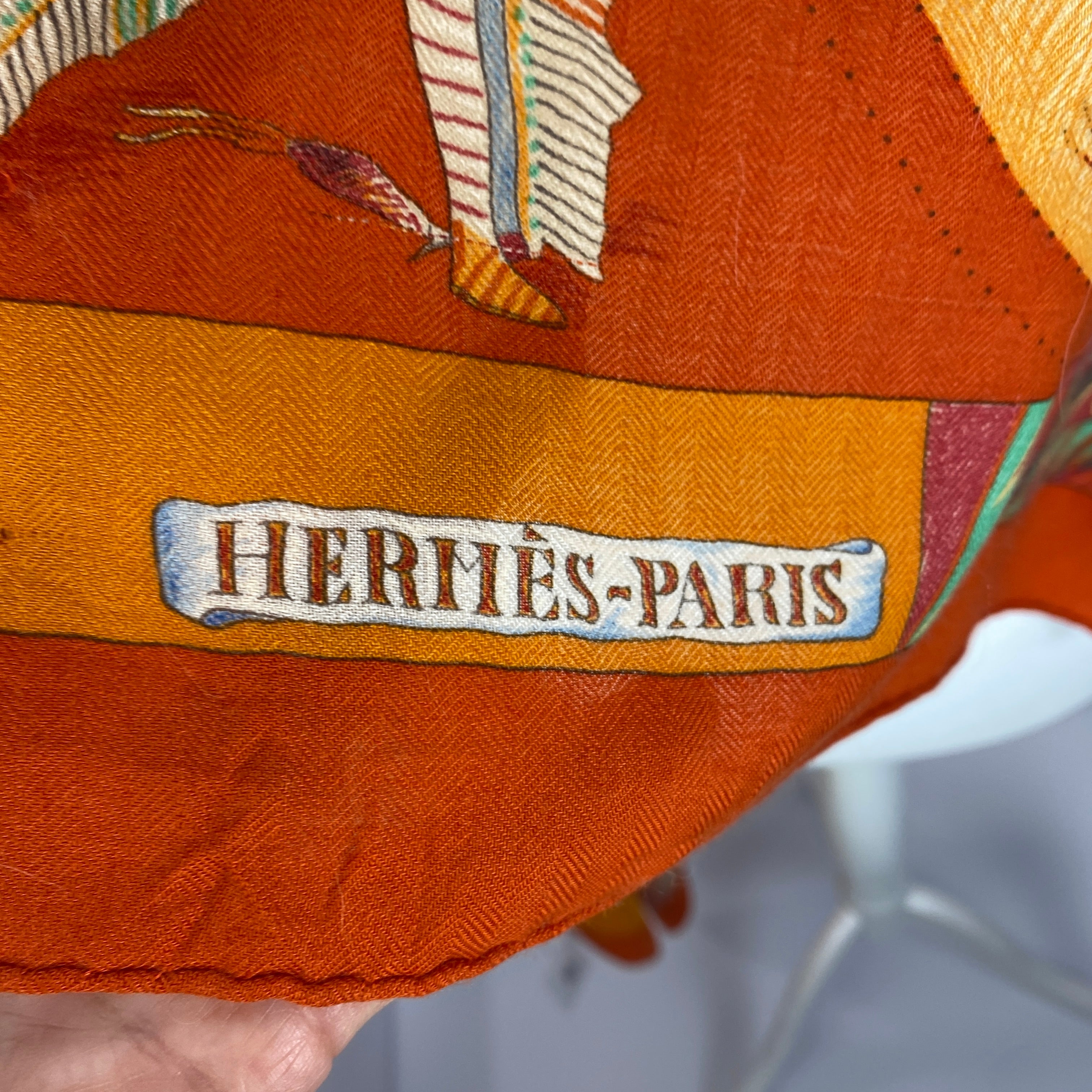 Hermes Orange Les Danses Des Indiens Large 140 Cashmere & Silk Carre Scarf