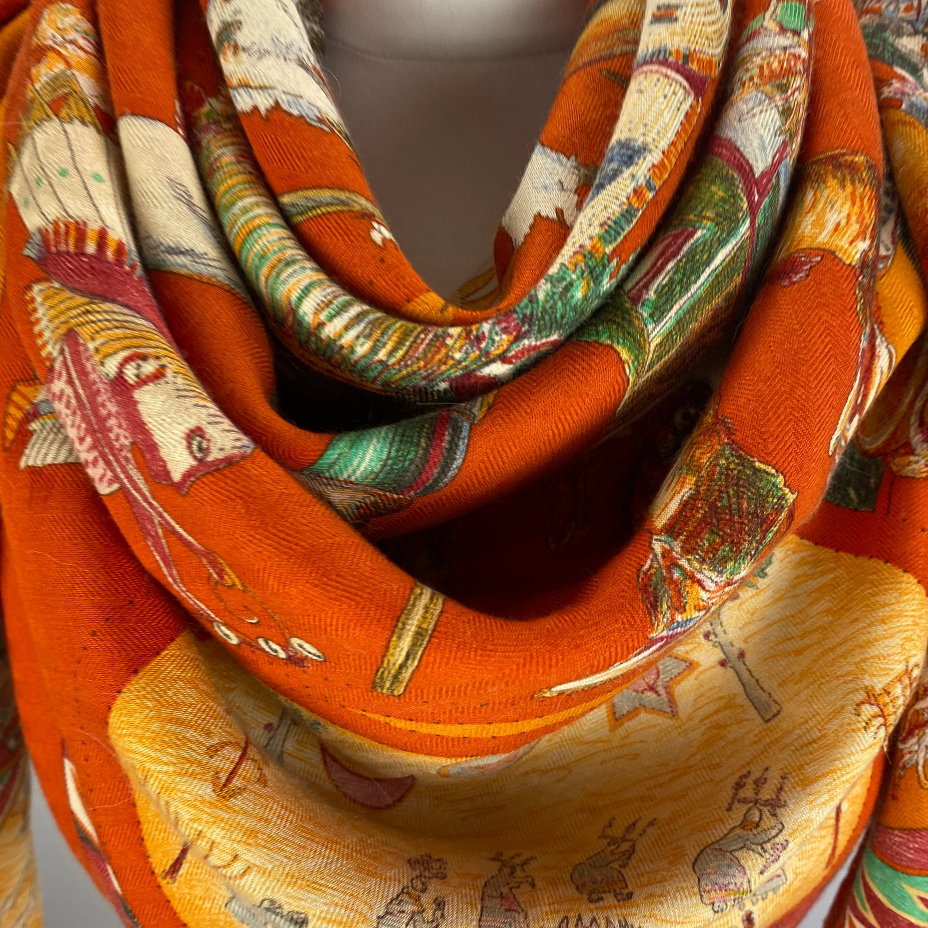 Hermes Orange Les Danses Des Indiens Large 140 Cashmere & Silk Carre Scarf