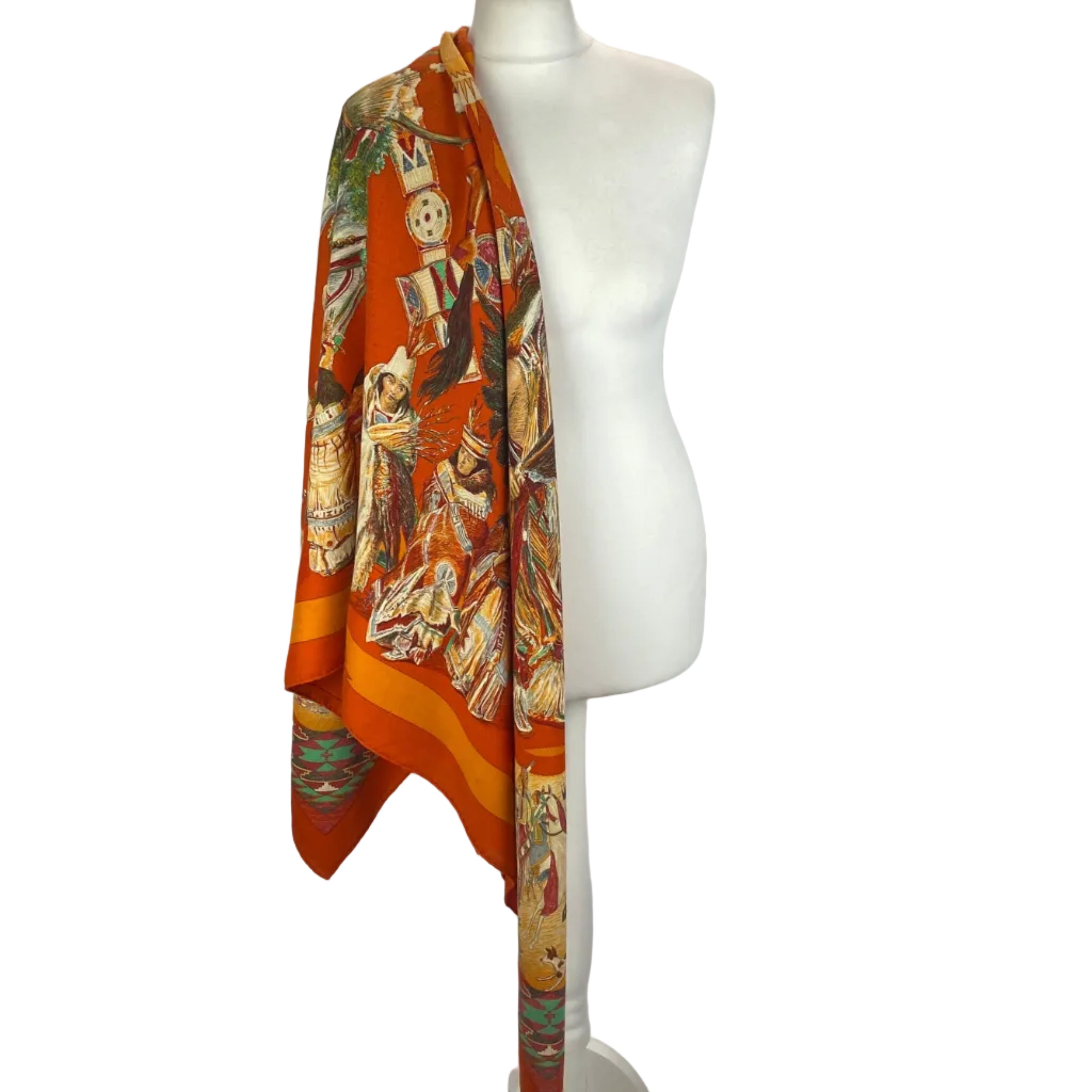 Hermes Orange Les Danses Des Indiens Large 140 Cashmere & Silk Carre Scarf