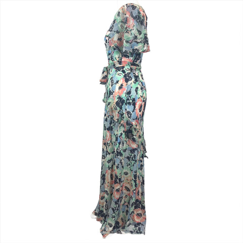 Rixo Navy Blue & Seagreen Peony Print Silk Maxi Dress S