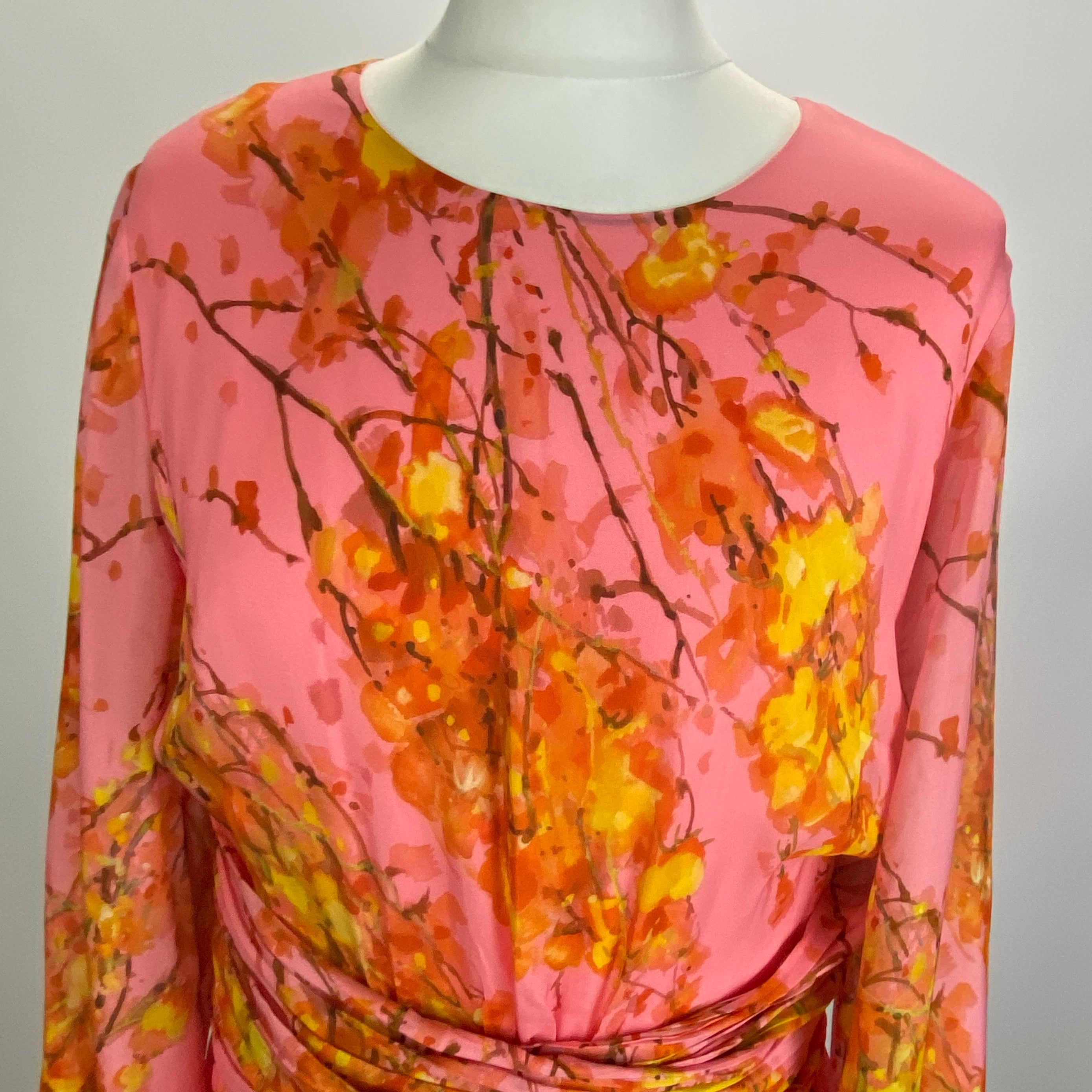 The Fold £520 Pink Cherry Blossom Print Silk Occassion Dress L