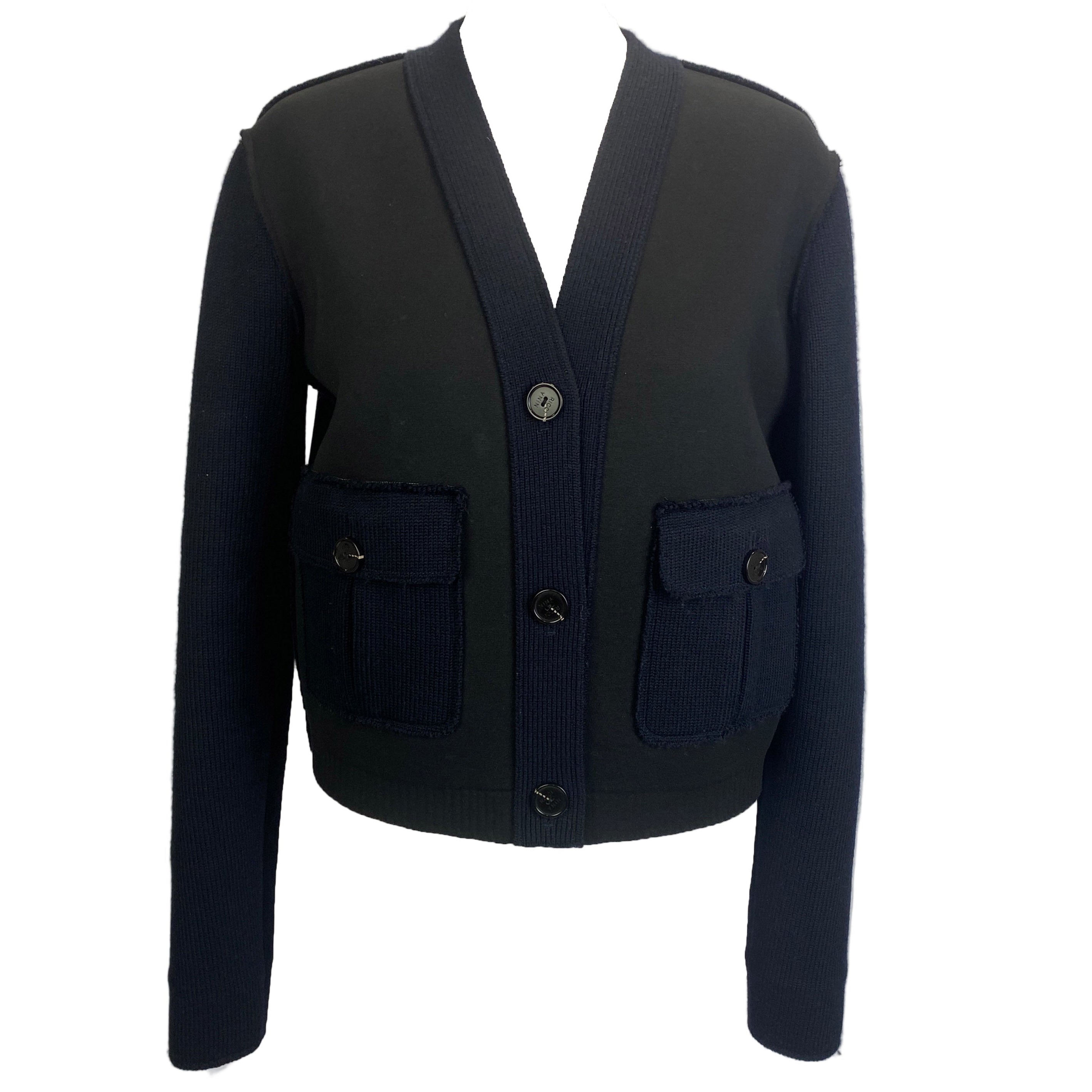 Nina Ricci Navy Black Wool Utility Cardigan Sweater M