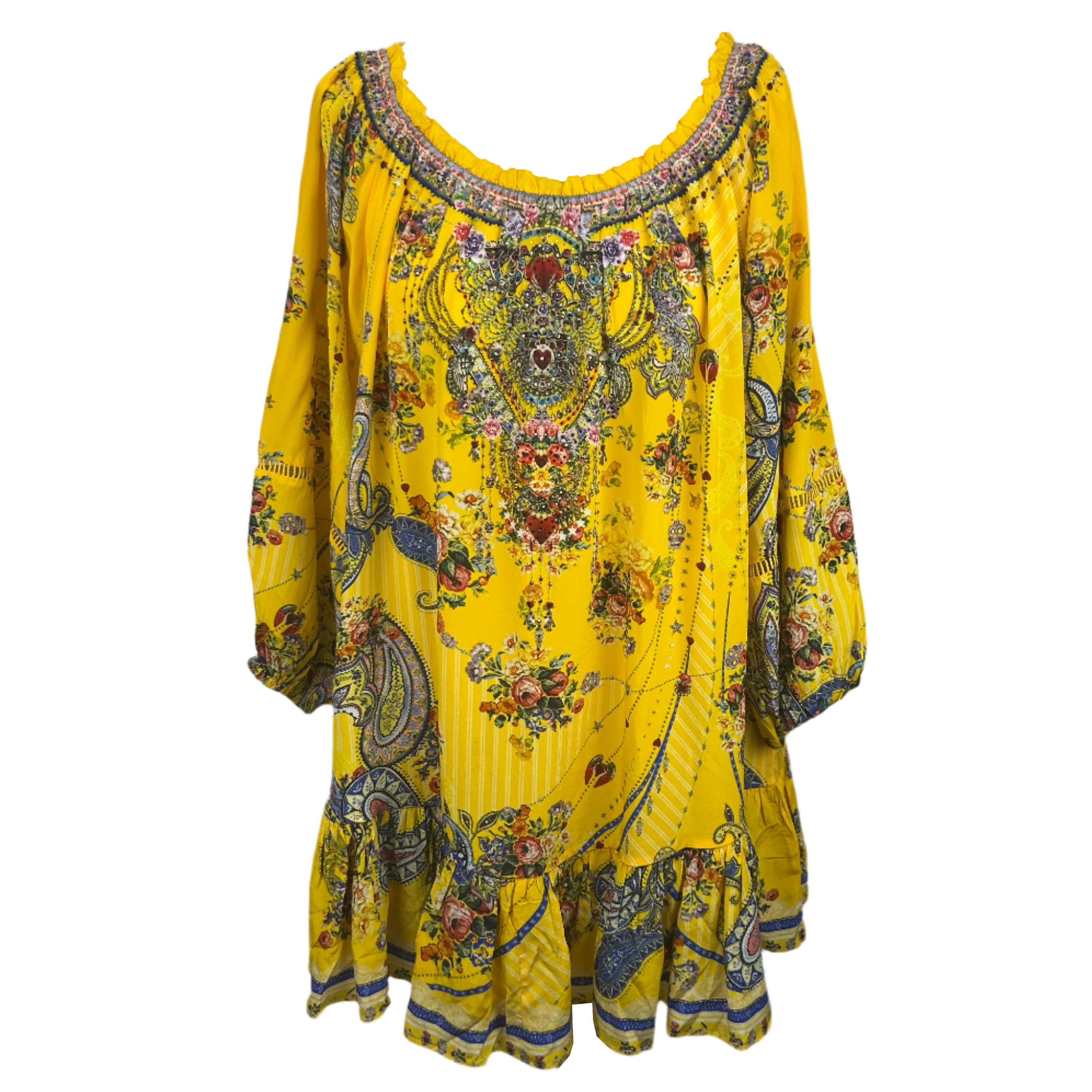 Camilla £650 Yellow Paisley Silk Off/On The Shoulder Minidress XL