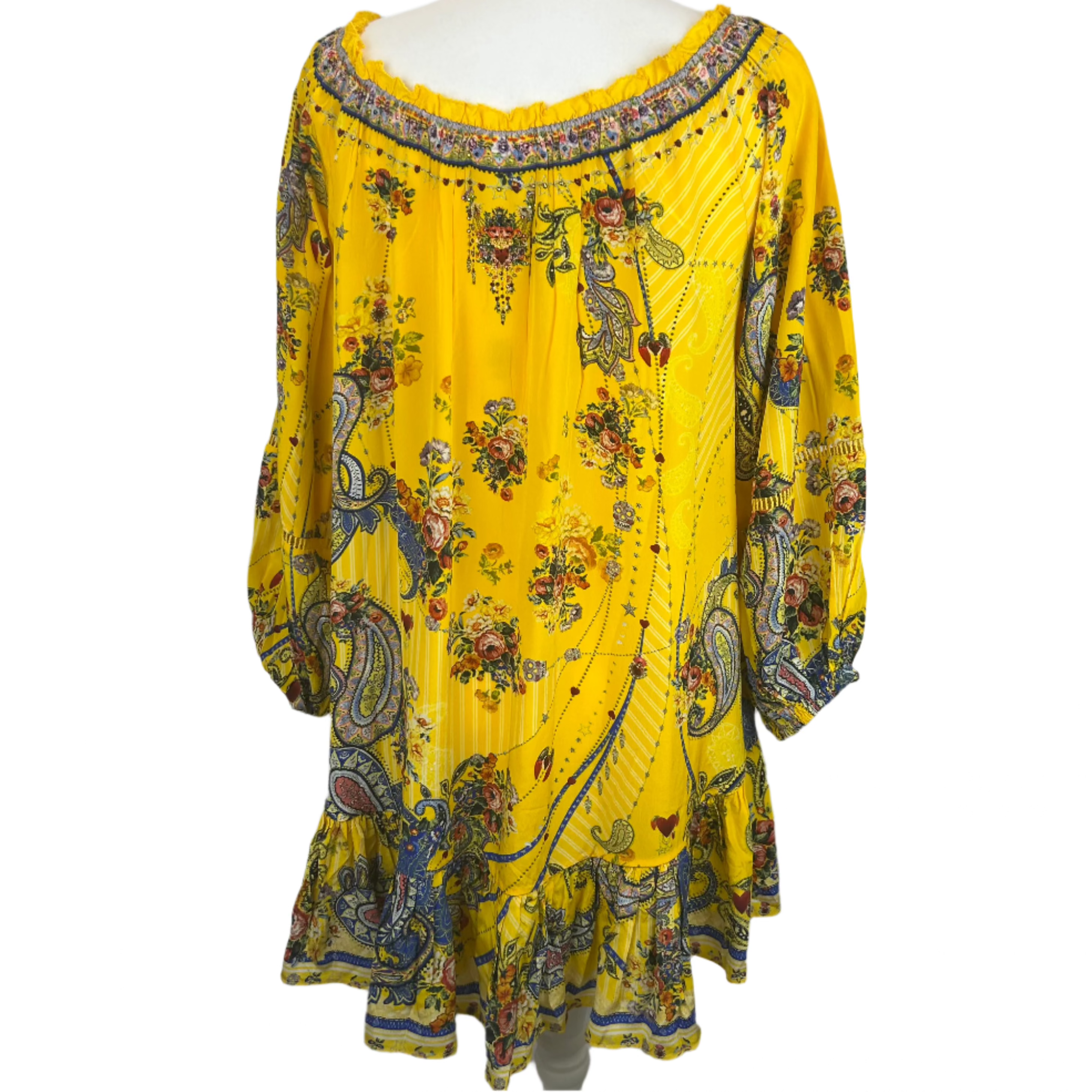 Camilla £650 Yellow Paisley Silk Off/On The Shoulder Minidress XL