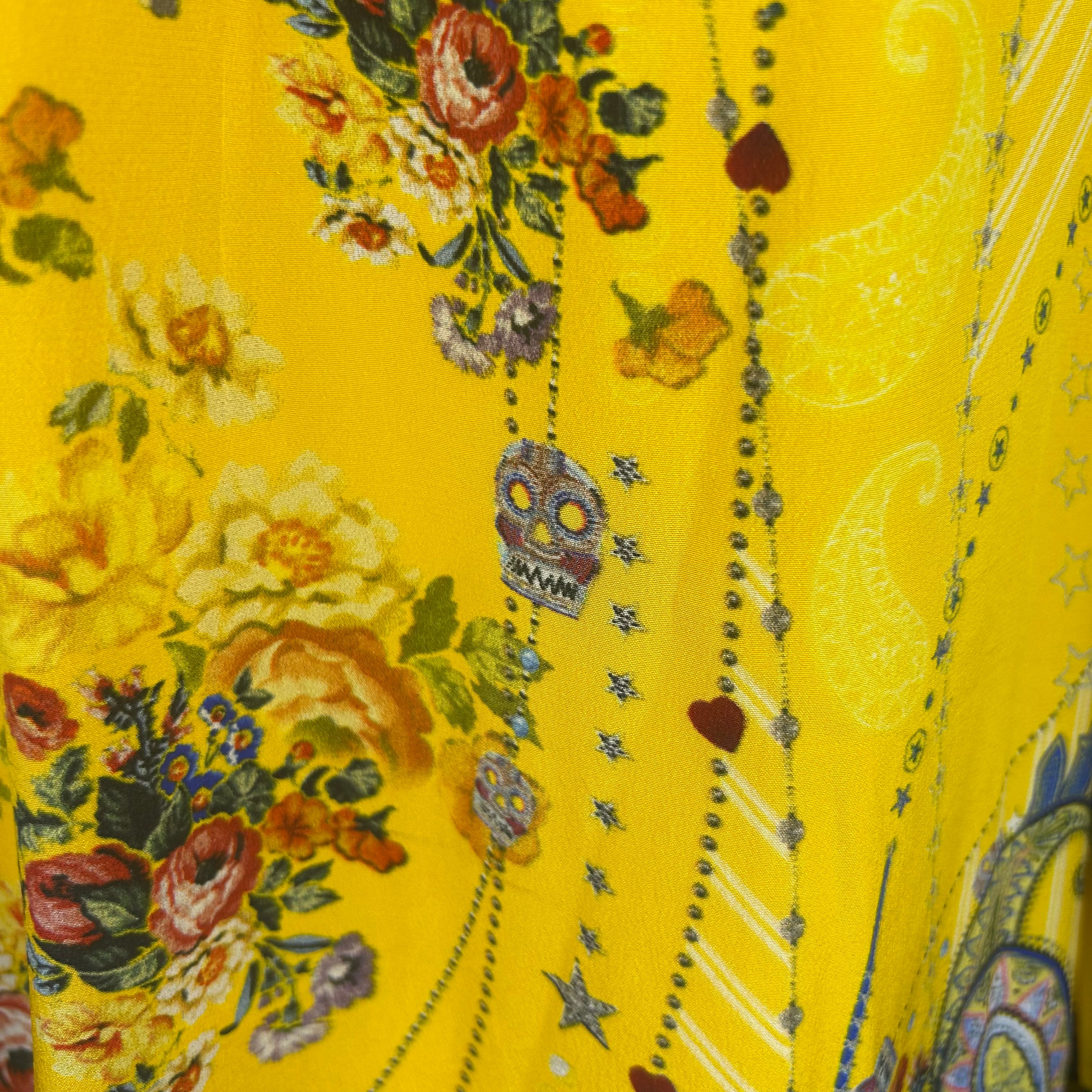 Camilla £650 Yellow Paisley Silk Off/On The Shoulder Minidress XL