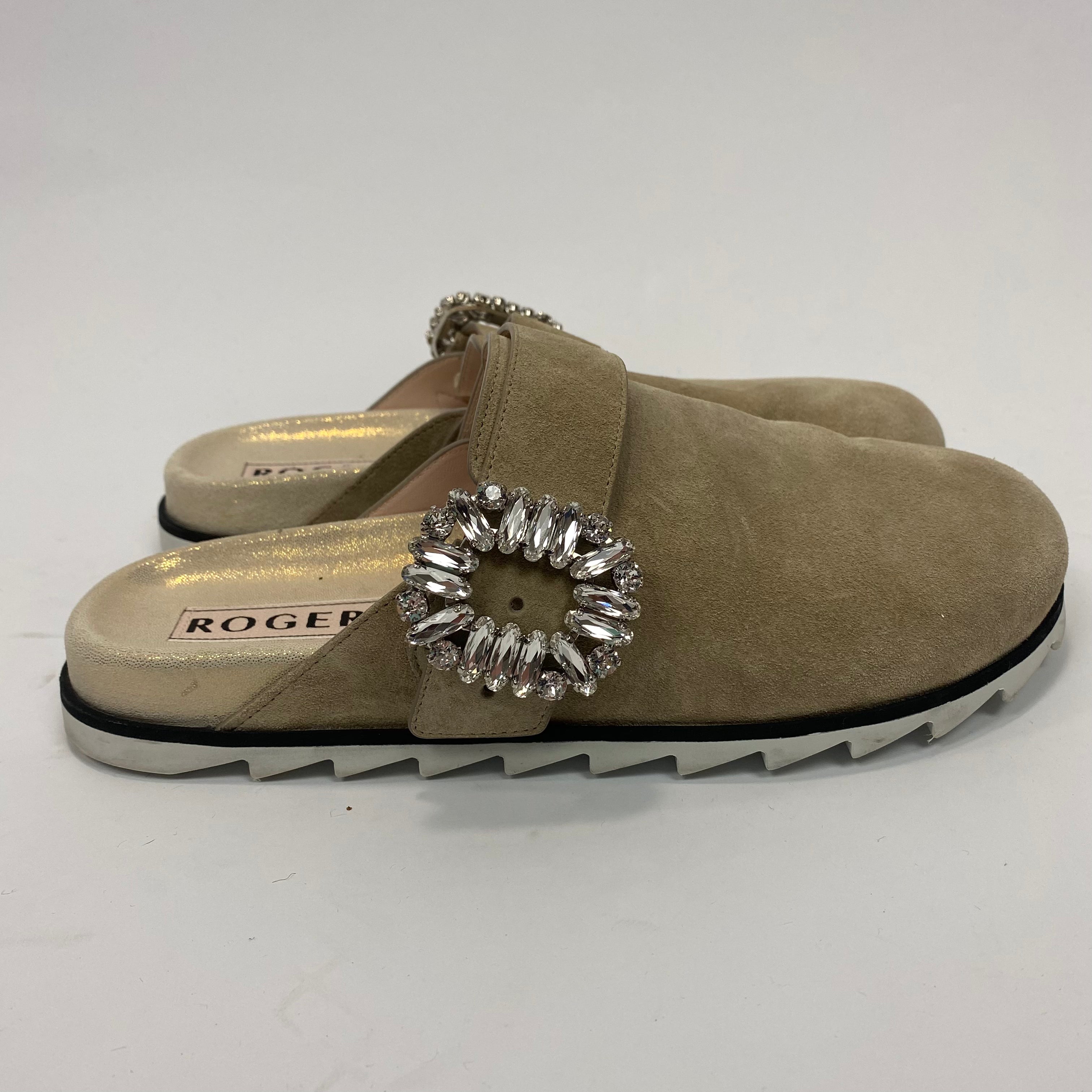 Roger Vivier £1120 Sand Suede Crystal Buckle Mules 37