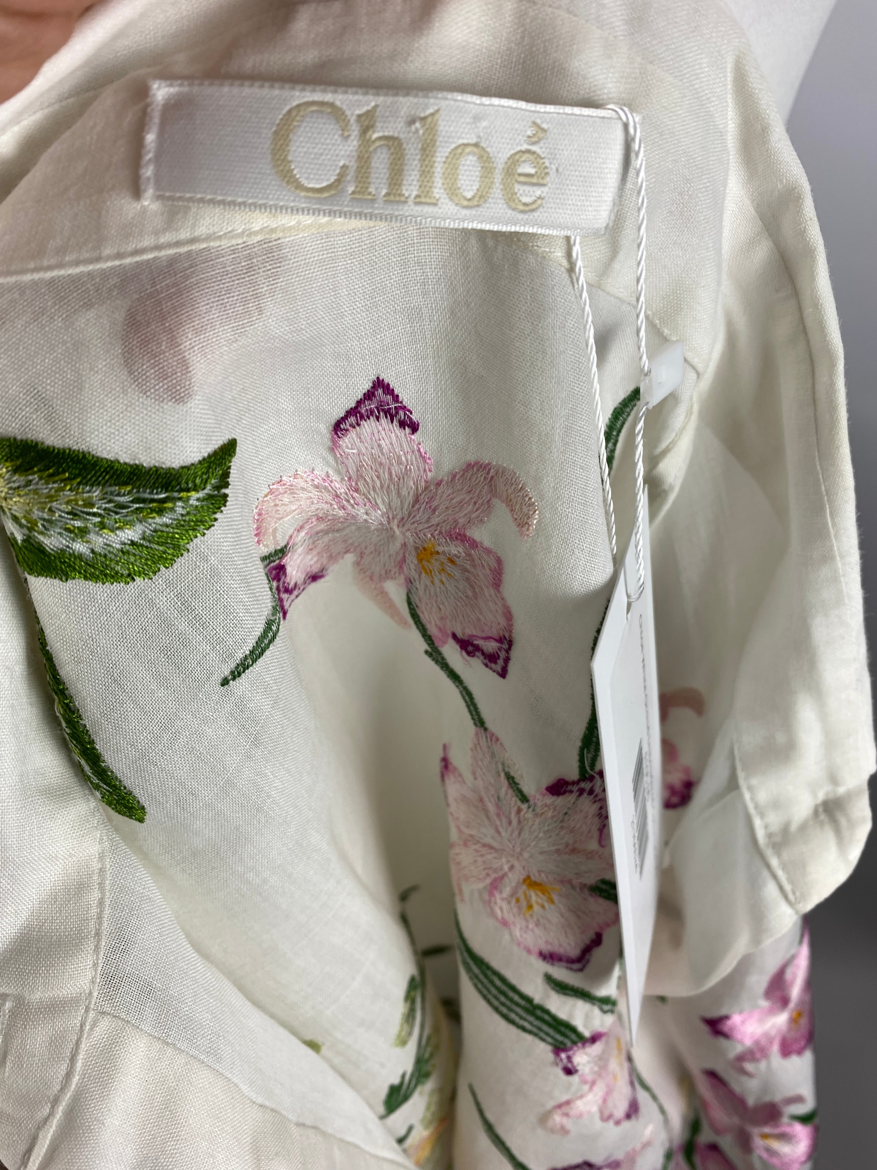 Chloe White Orchid Embroidered Cotton Shirt XS