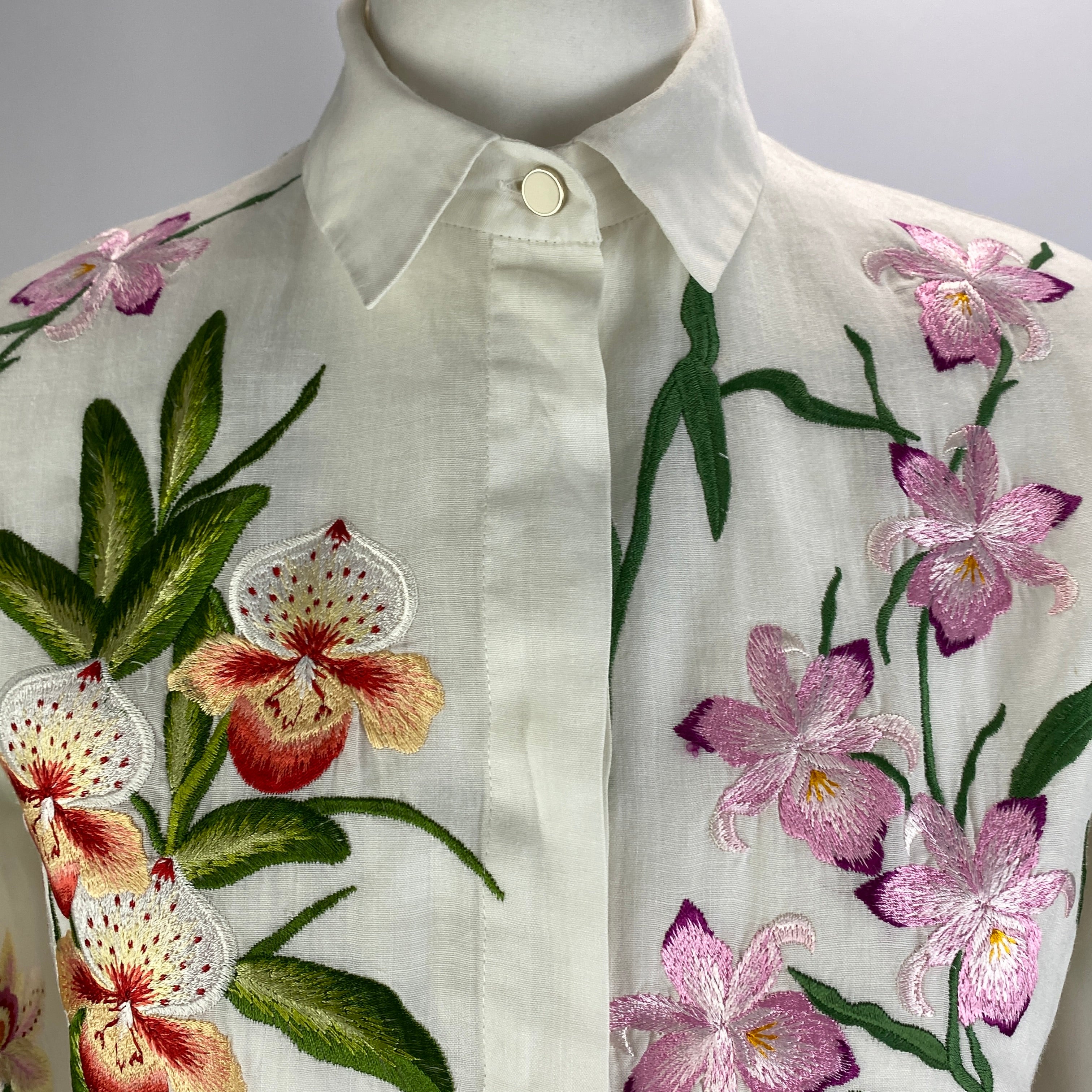 Chloe White Orchid Embroidered Cotton Shirt XS
