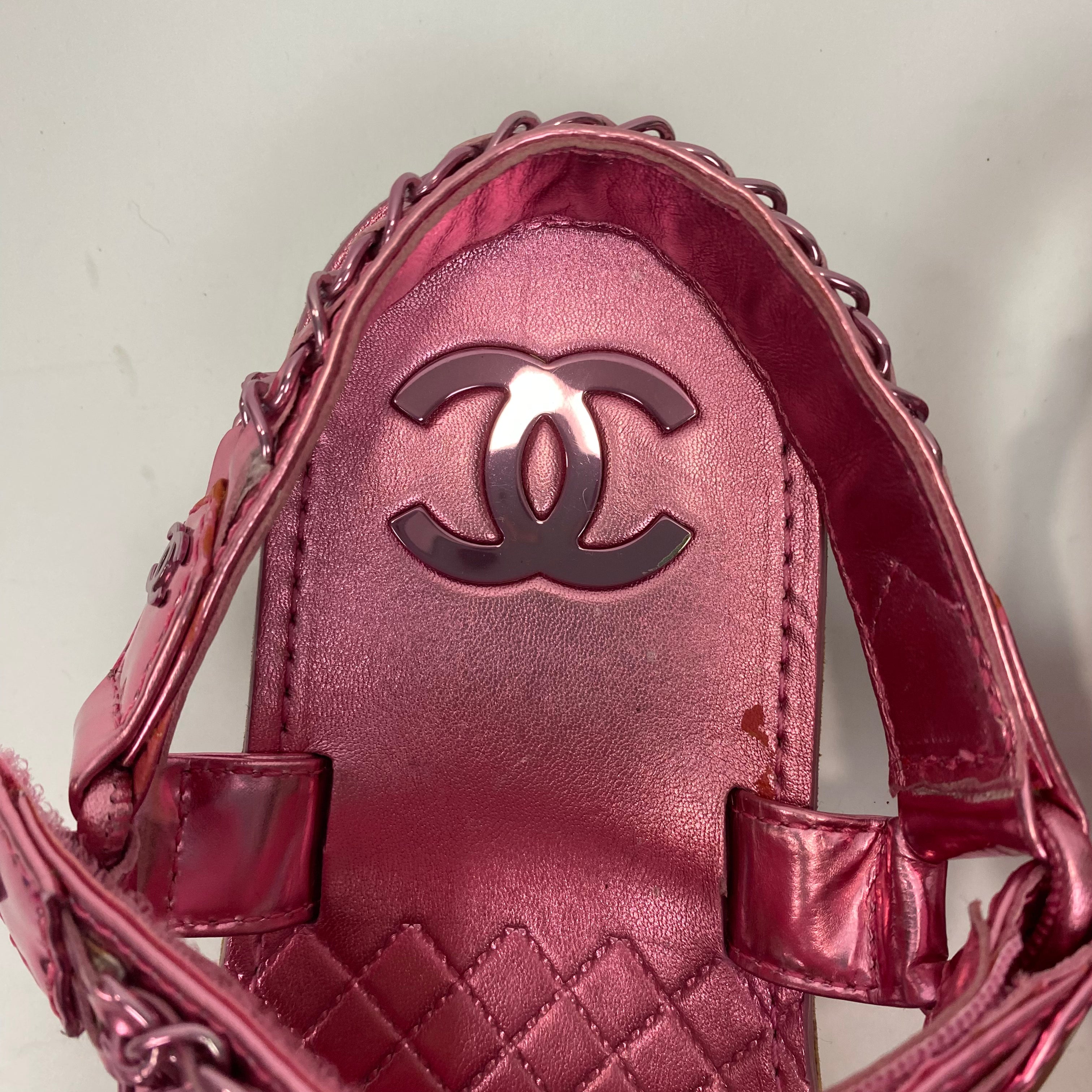 Chanel Pink Metallic Chain Detail Track Sandals 38.5