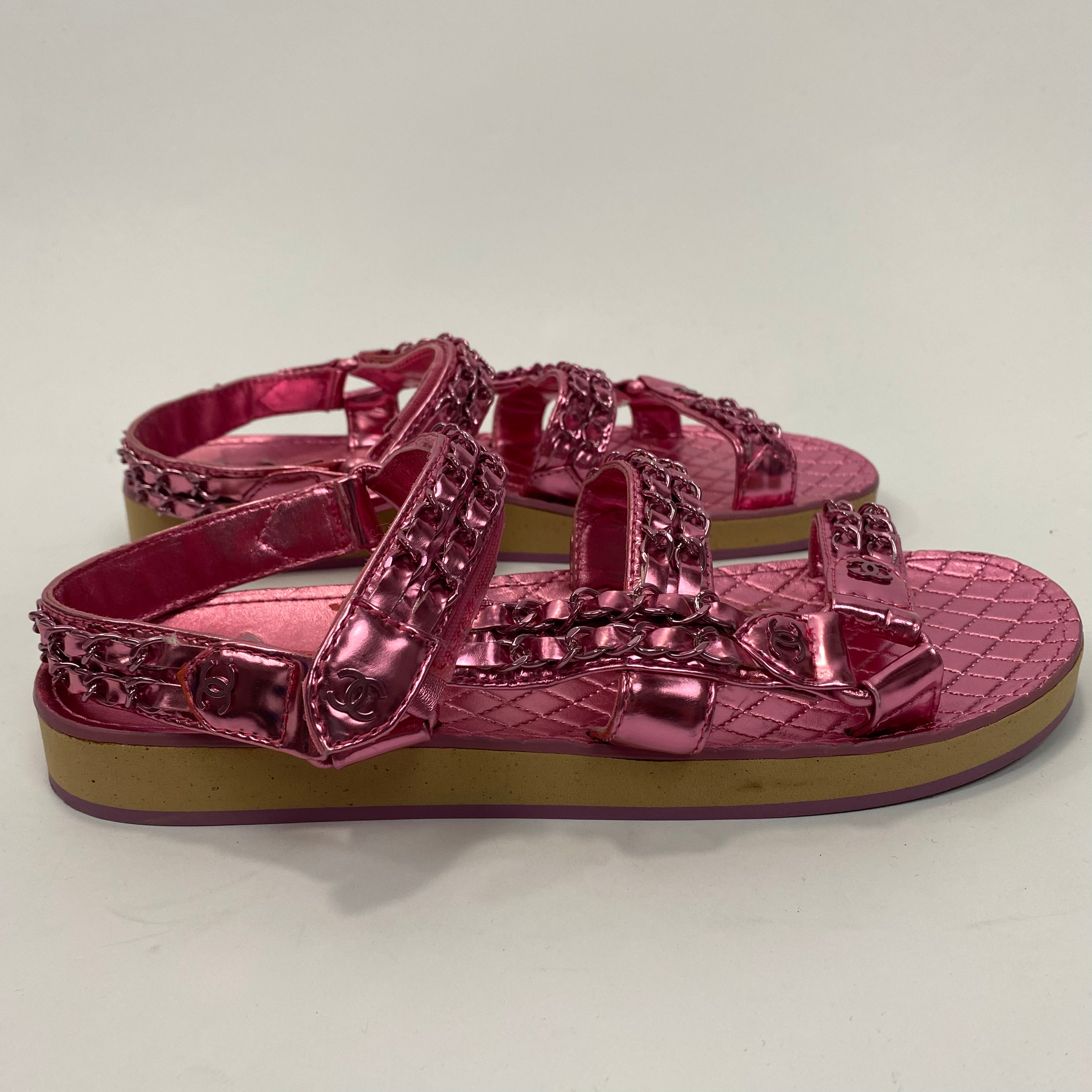 Chanel Pink Metallic Chain Detail Track Sandals 38.5