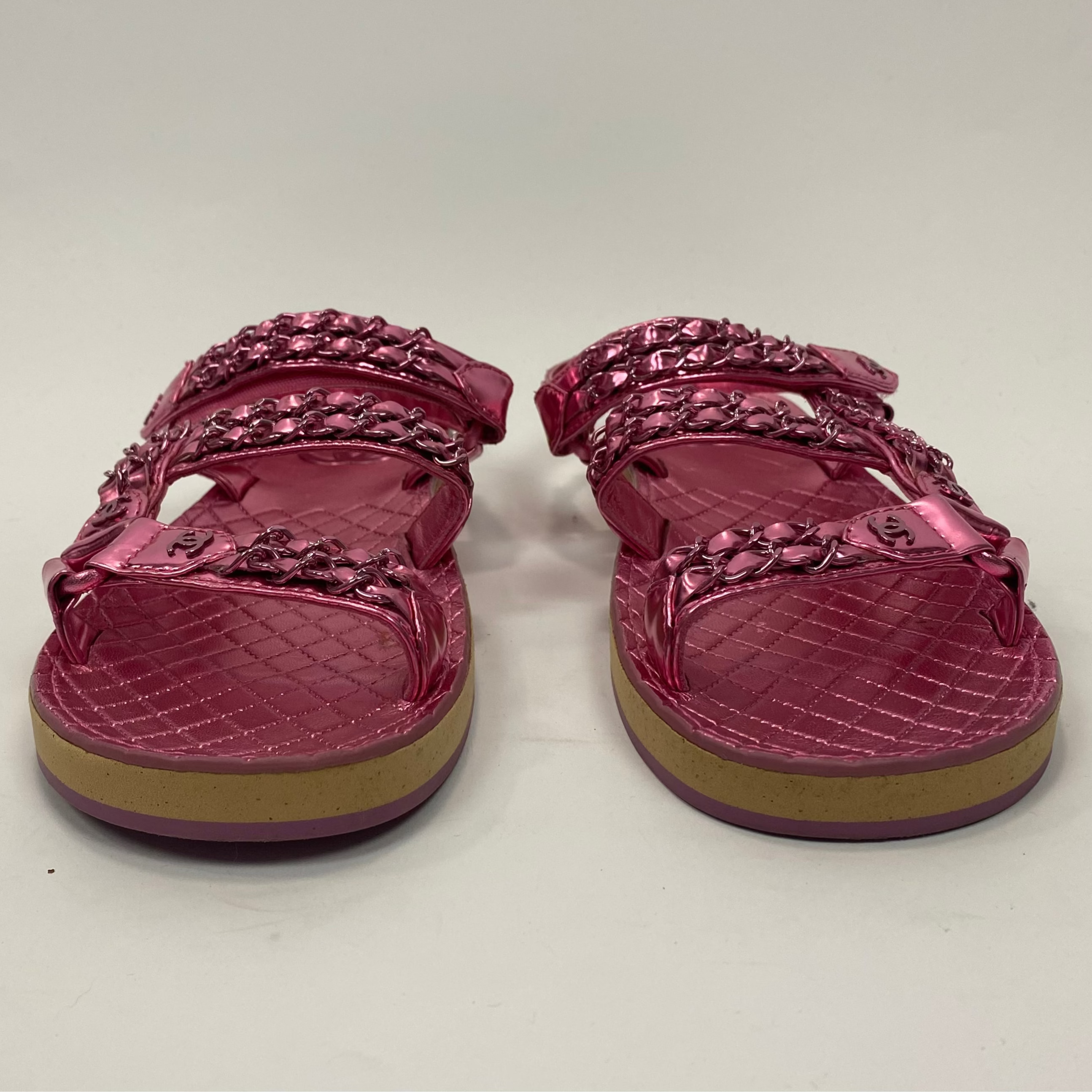 Chanel Pink Metallic Chain Detail Track Sandals 38.5