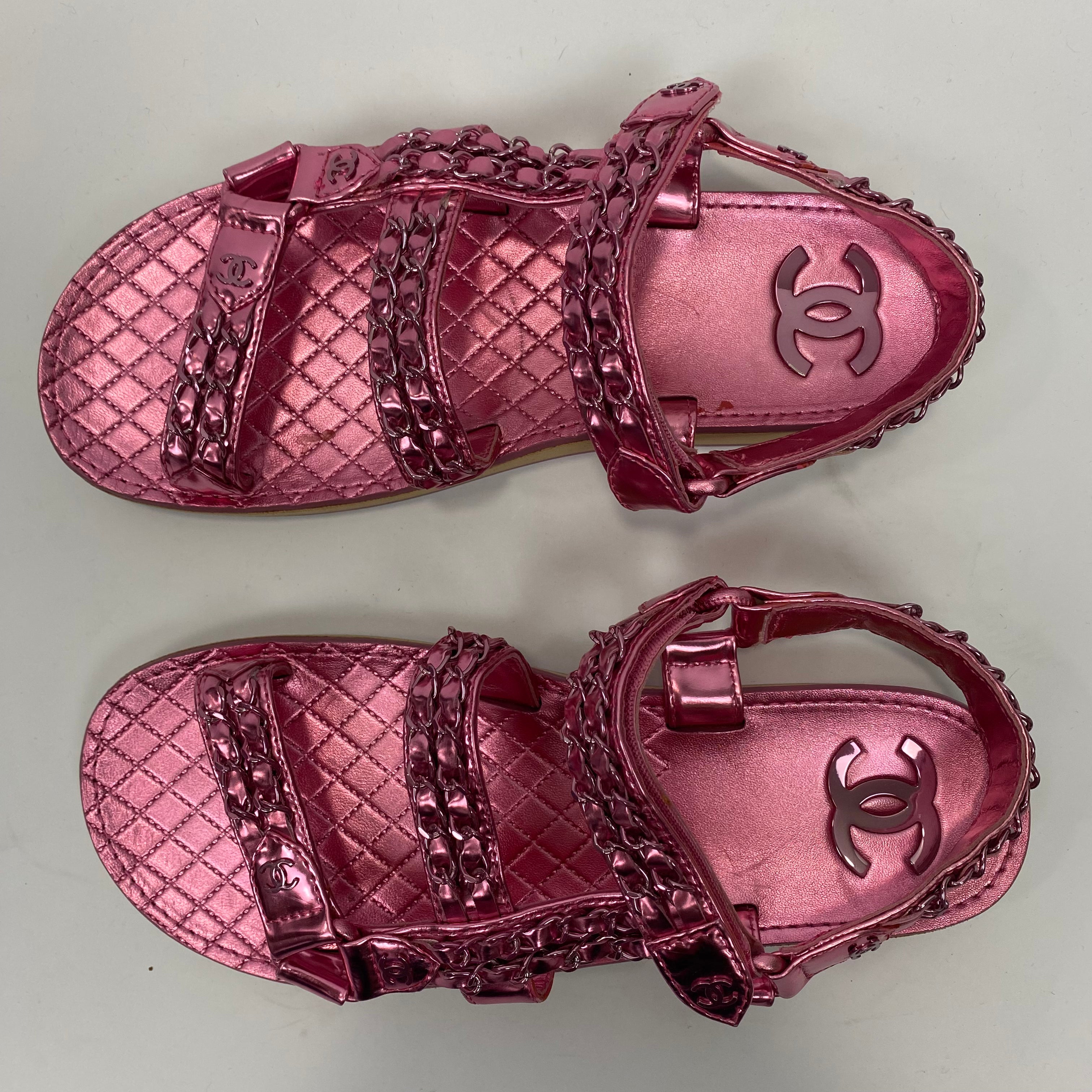 Chanel Pink Metallic Chain Detail Track Sandals 38.5