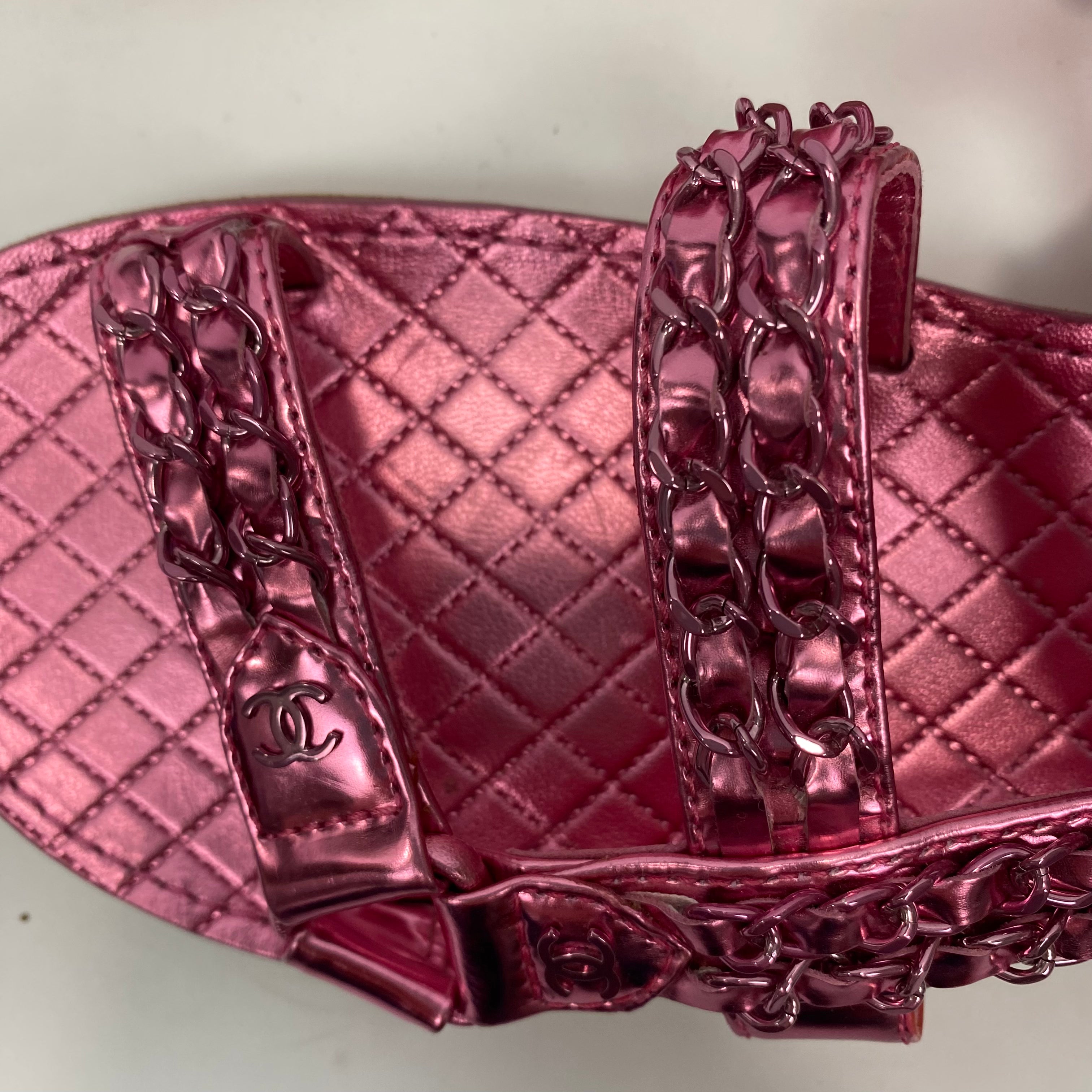 Chanel Pink Metallic Chain Detail Track Sandals 38.5
