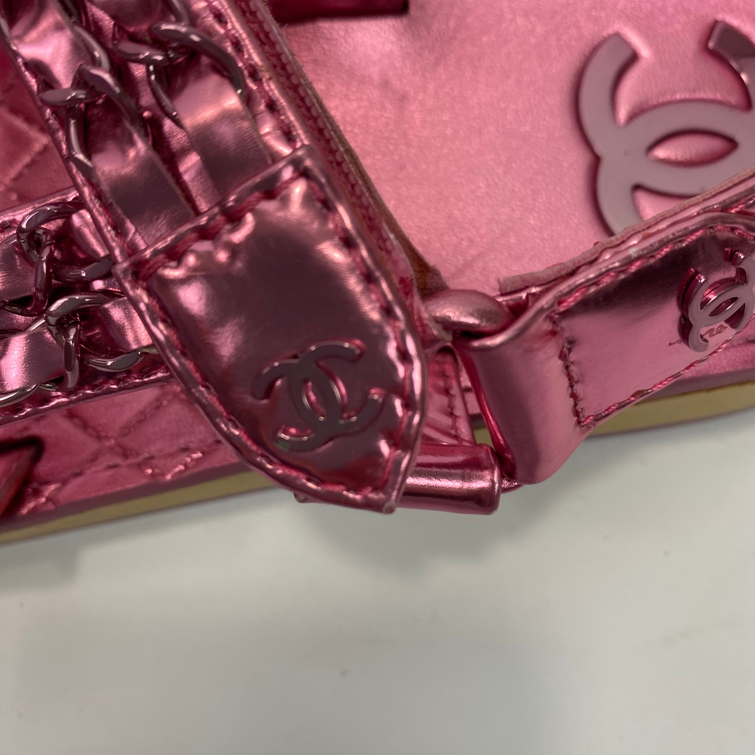 Chanel Pink Metallic Chain Detail Track Sandals 38.5