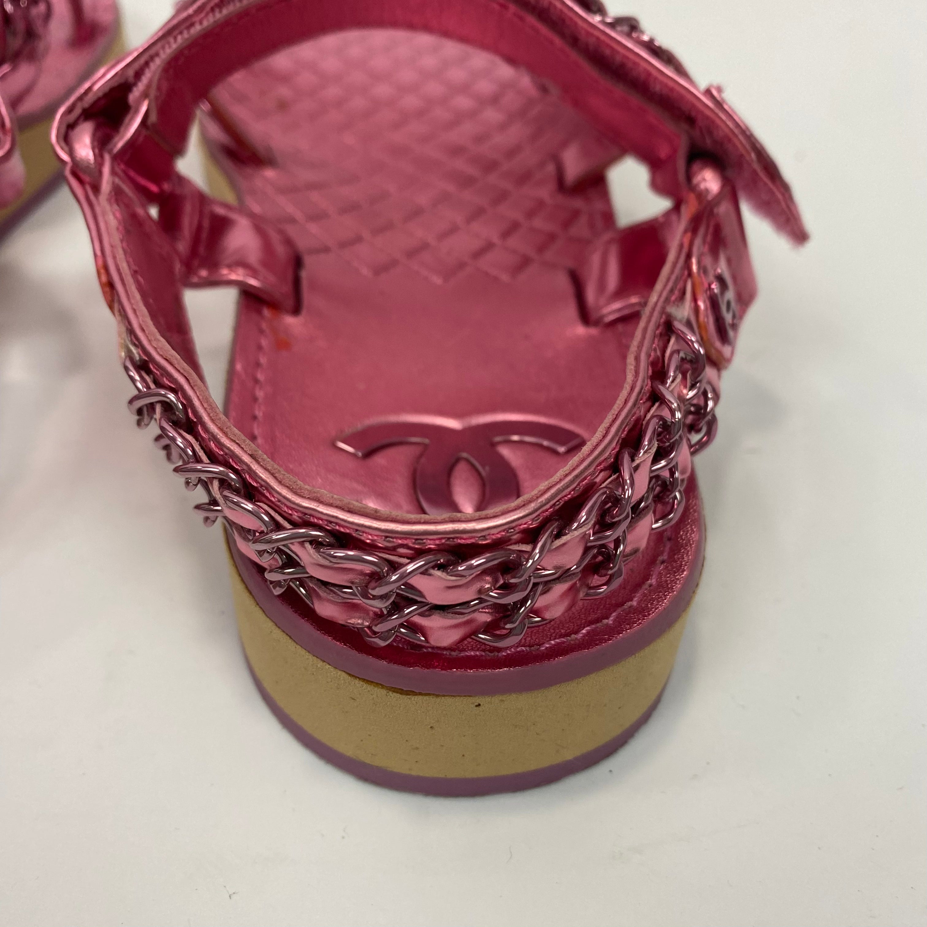 Chanel Pink Metallic Chain Detail Track Sandals 38.5