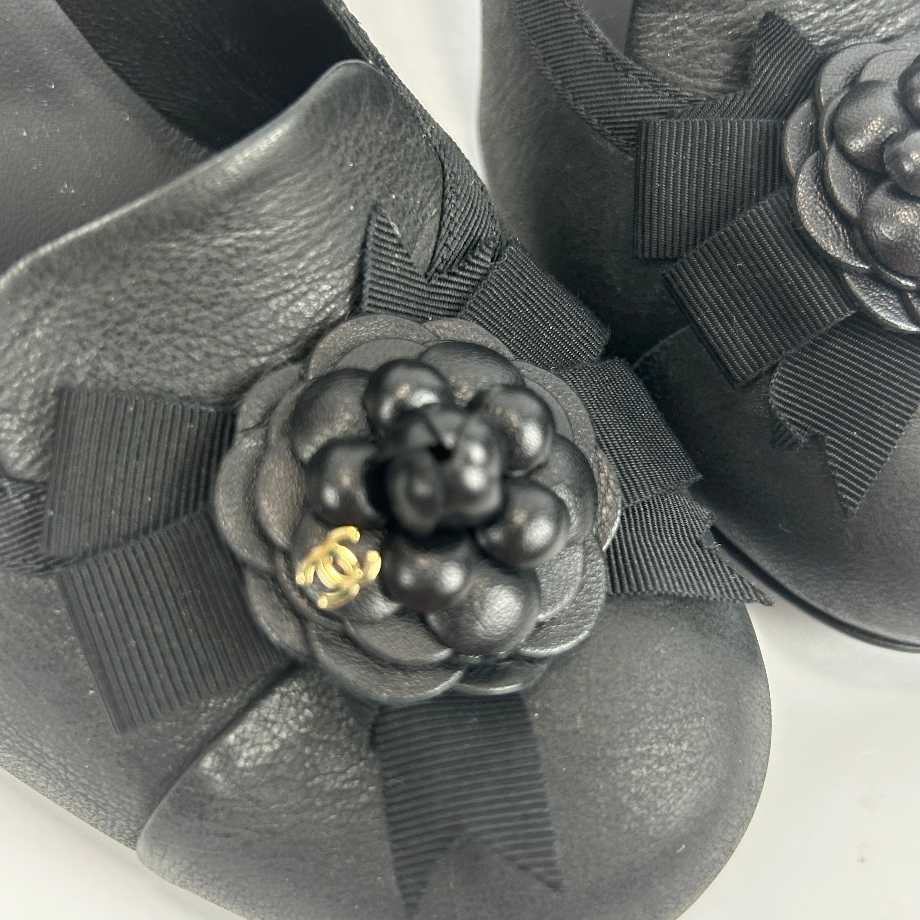Chanel New Black Camellia & Bow Heels 41