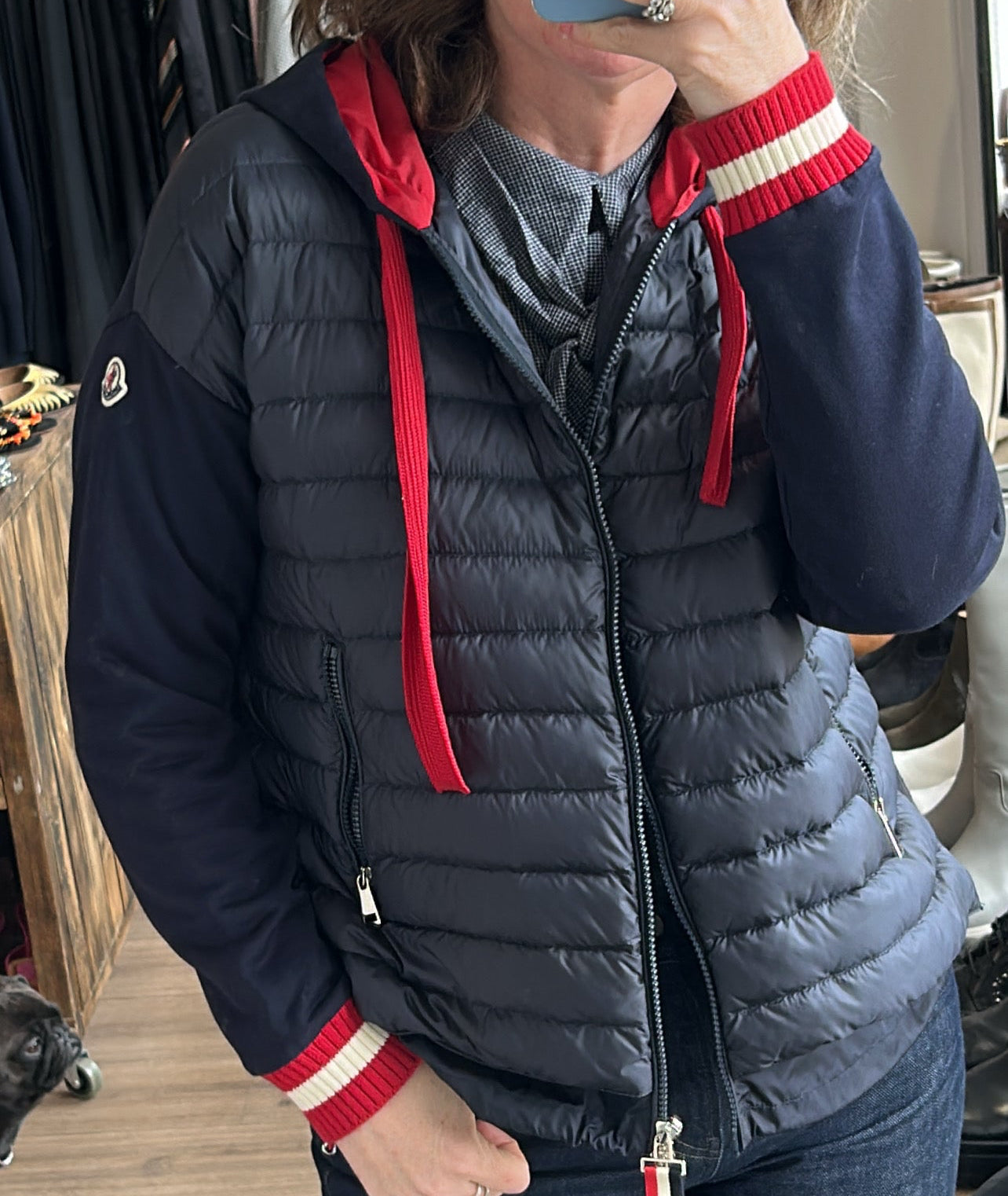 Moncler Navy & Scarlet Lightweight Duvet Maglia Jacket M