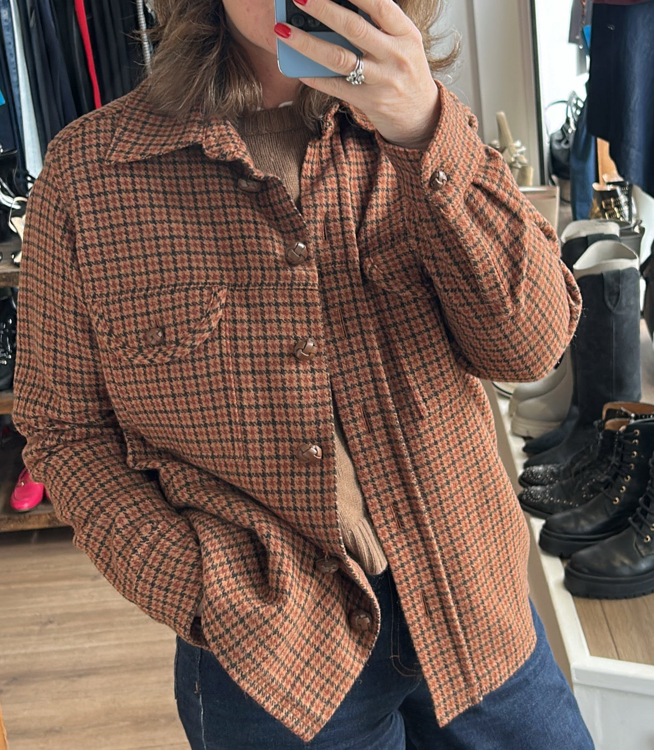 Blaze Milano Tan Puppytooth Wool Shirt Jacket XS/S/M