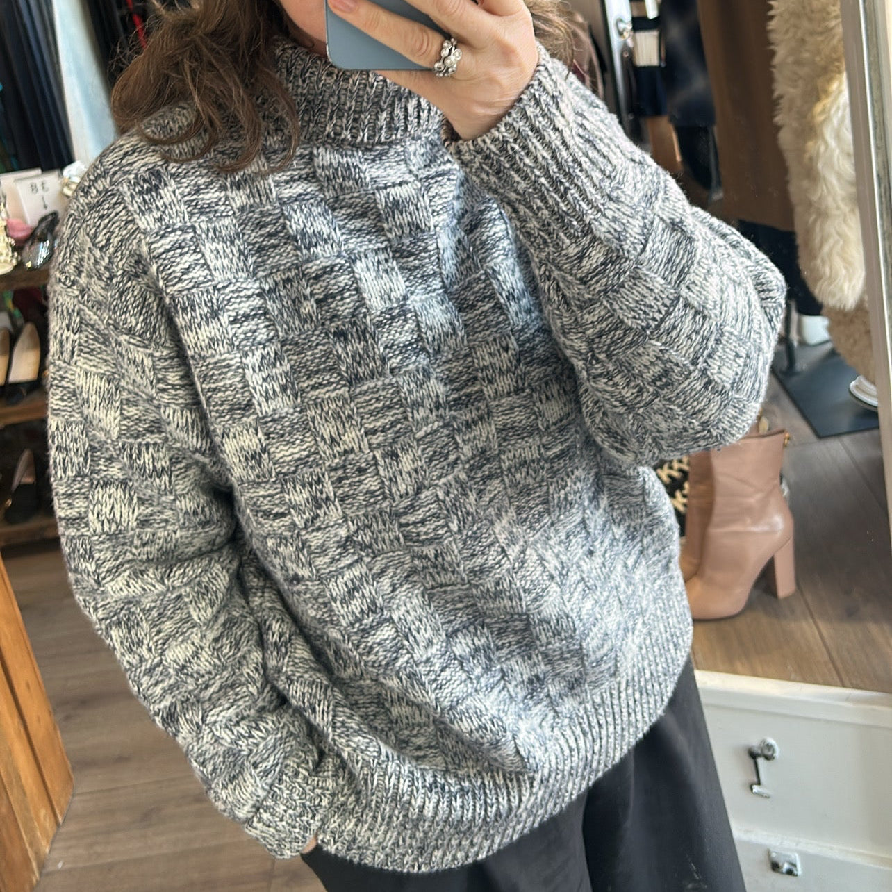 Victoria Beckham Navy & Ivory Basketweave Chunky Wool Sweater M