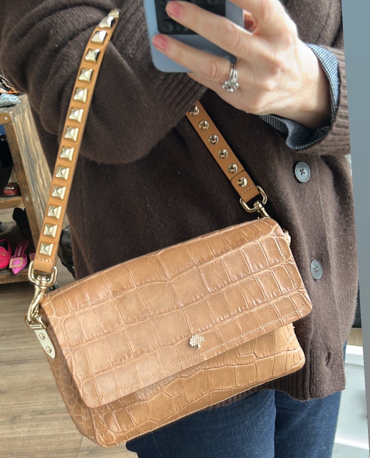 Mulberry Camel Embossed Croc Leather Flap Shoulderbag