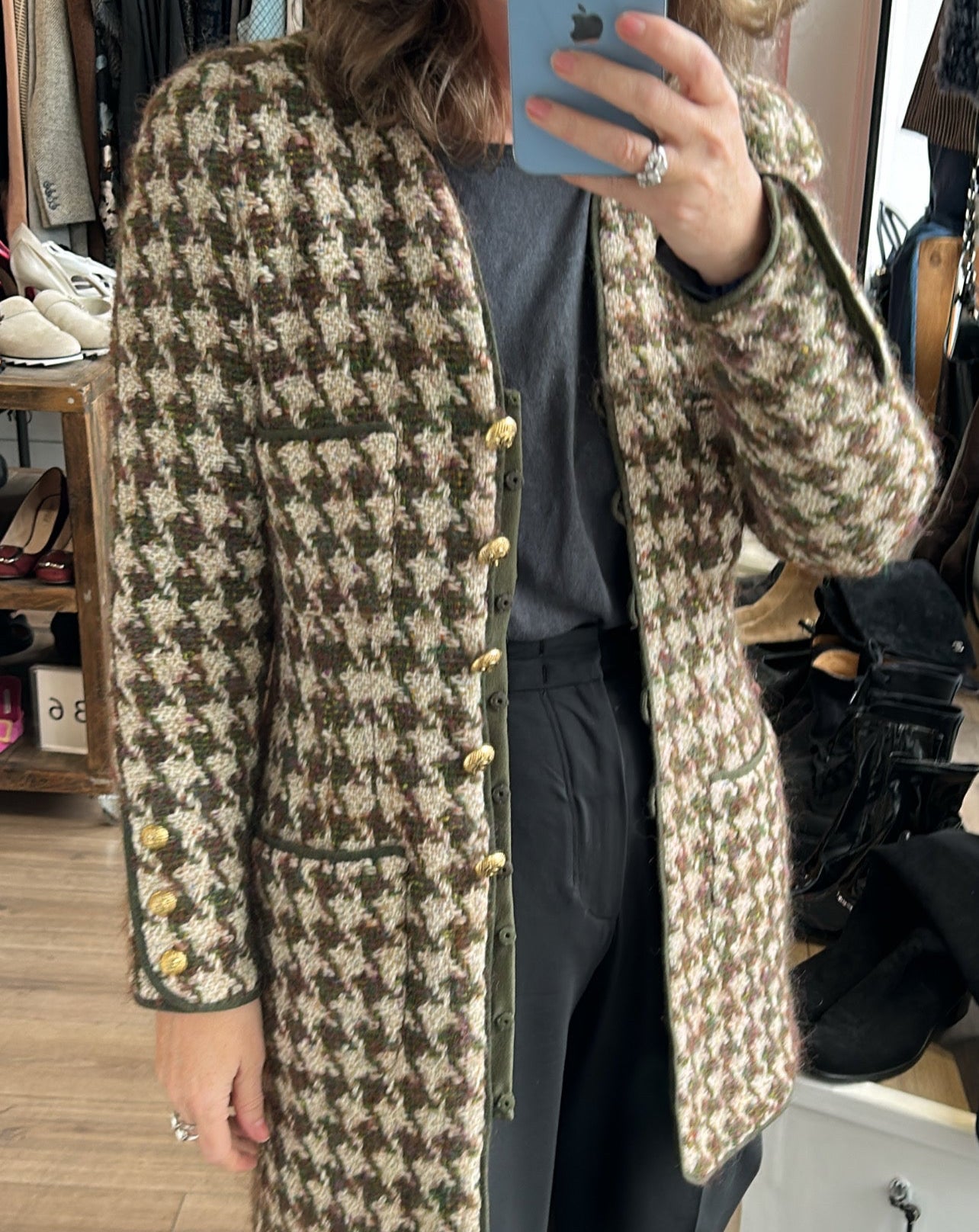 Chanel Vintage Green & Oatmeal Tweed Check Coat/Dress XS/S