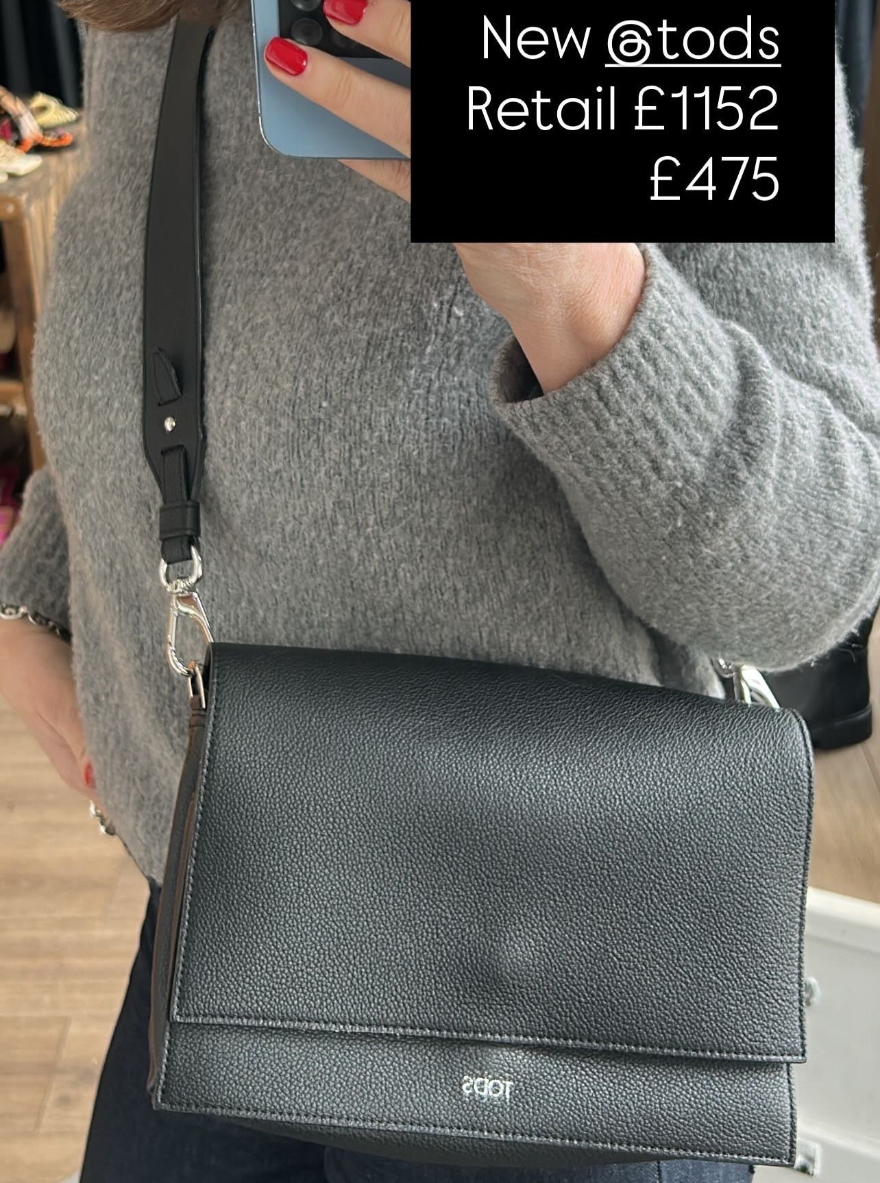 Tods New £1152 Black Pebbled Calfskin Crossbody Bag