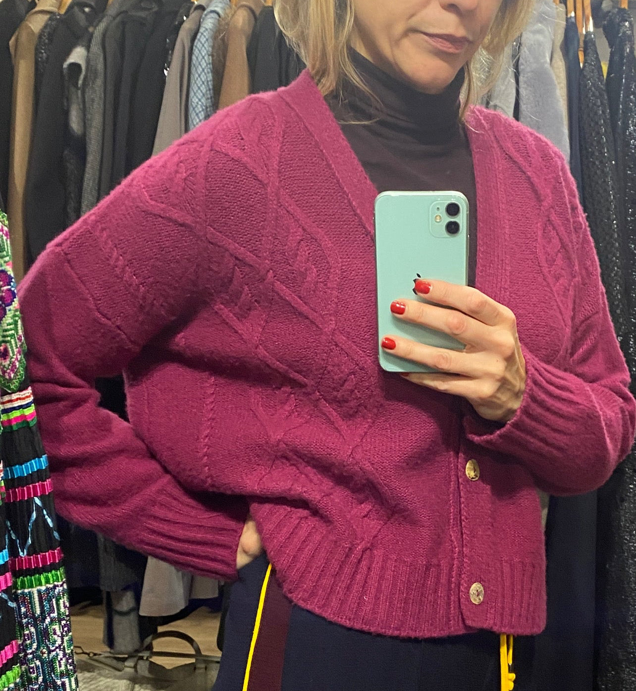 Bamford Fuchsia Boxy Silk & Cashmere Cardigan M/L/XL