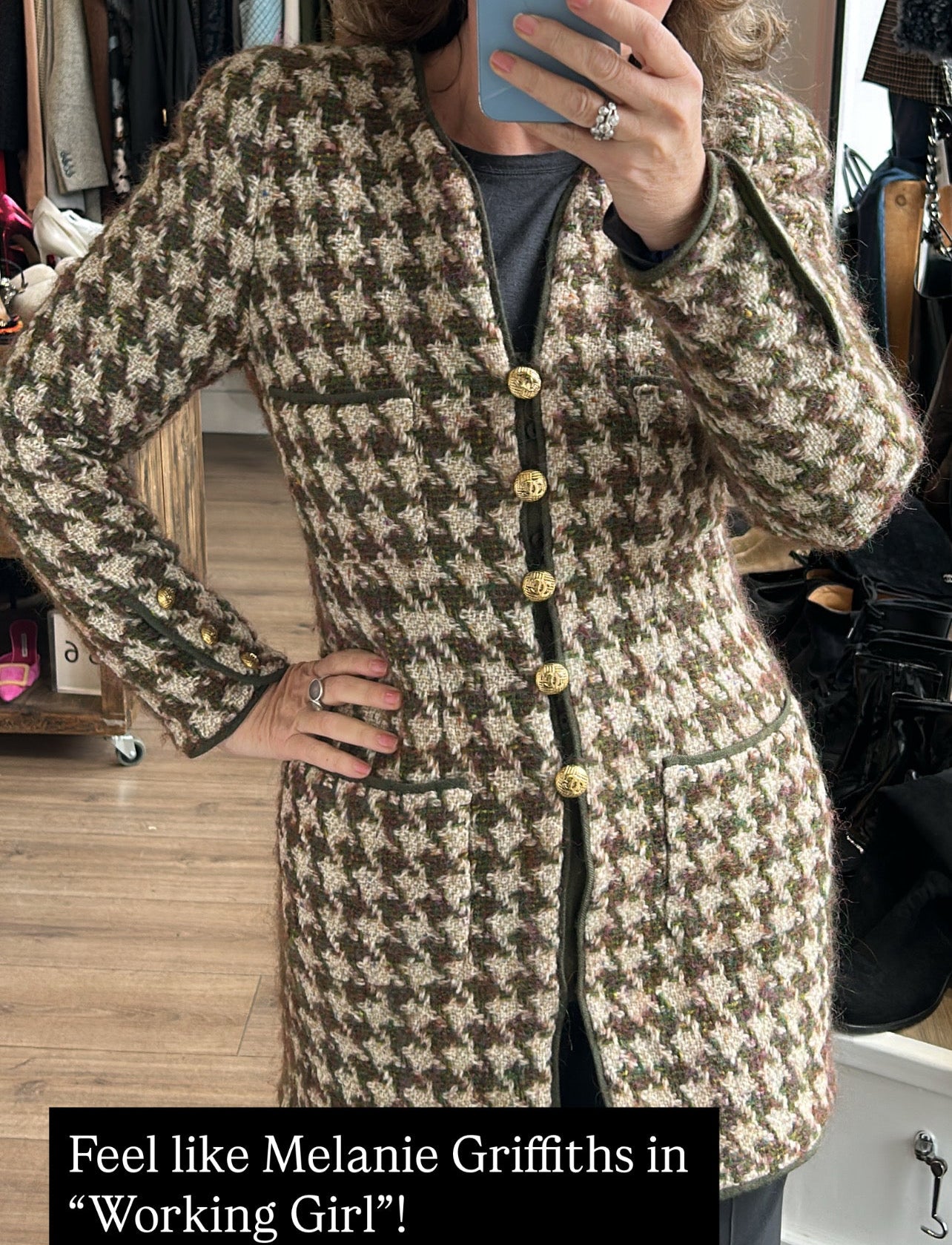 Chanel Vintage Green & Oatmeal Tweed Check Coat/Dress XS/S
