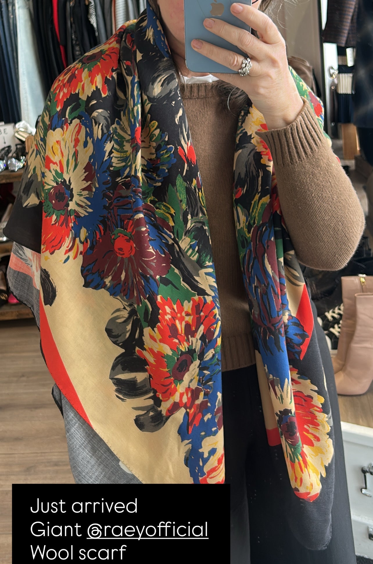 Raey Black & Camel Floral Wool Giant Square Scarf