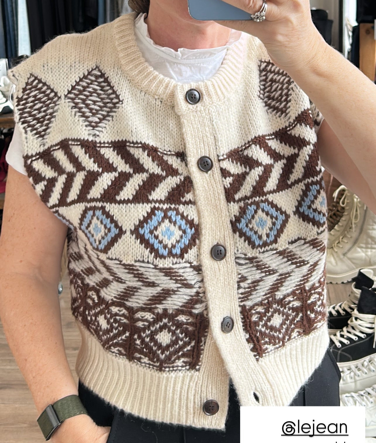 Le Jean New £192 Ecru & Brown Fairisle Knit Vest M/L/XL