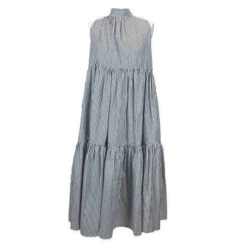 Asceno £400 Midnight & White Stripe Cotton Maxi Dress L