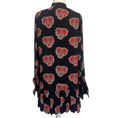 Alexander McQueen Black & Red Rose Printed Silk Crepe Dress M