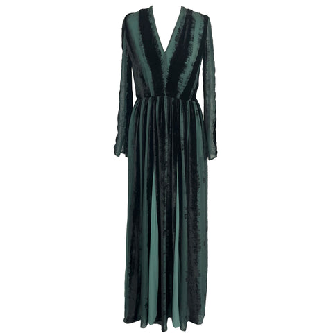 Elie Saab Sea Green & Black Velvet Maxi Dress XXS