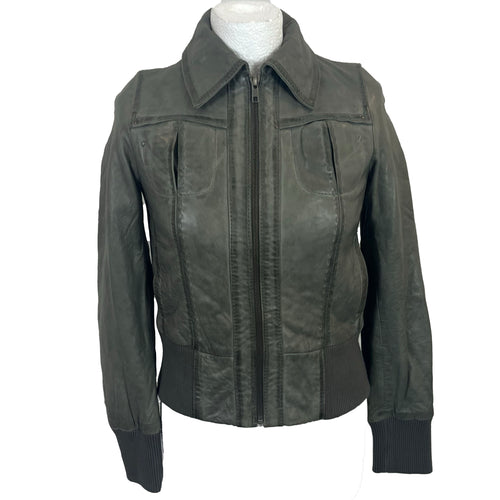 IKKS Pale Olive Topstitched Leather Bomber Jacket XS