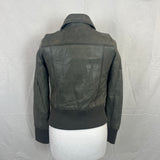 IKKS Pale Olive Topstitched Leather Bomber Jacket XS