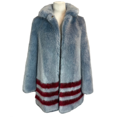 Shrimps £550 Ice Blue & Burgundy Stripe Faux Fur Coat S