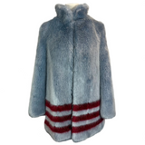 Shrimps £550 Ice Blue & Burgundy Stripe Faux Fur Coat S