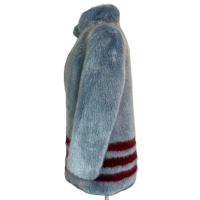 Shrimps £550 Ice Blue & Burgundy Stripe Faux Fur Coat S